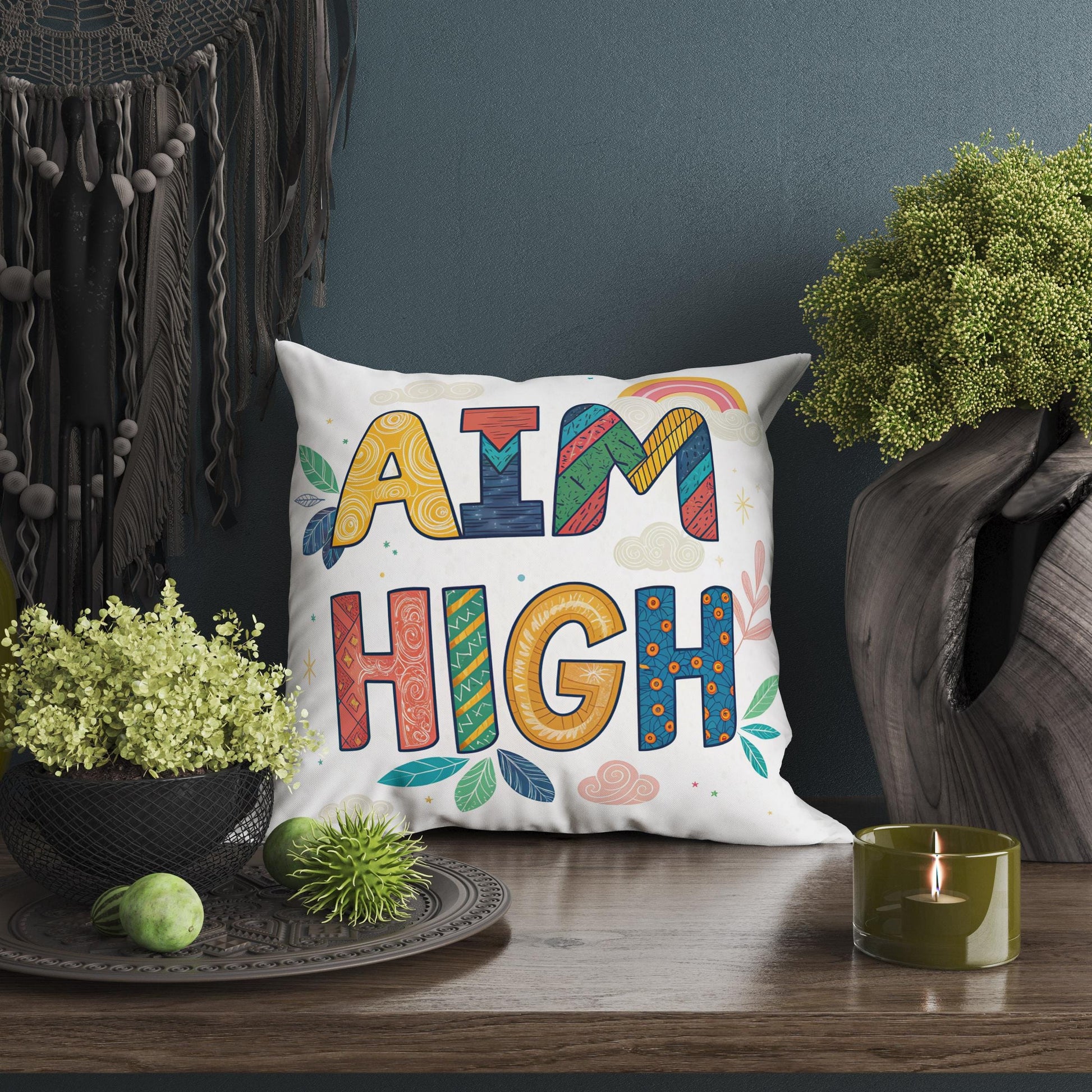 Aim High Inspirational Pillow | George Miller Art | Colorful Typography Cushion | Motivational Home Decor Gift