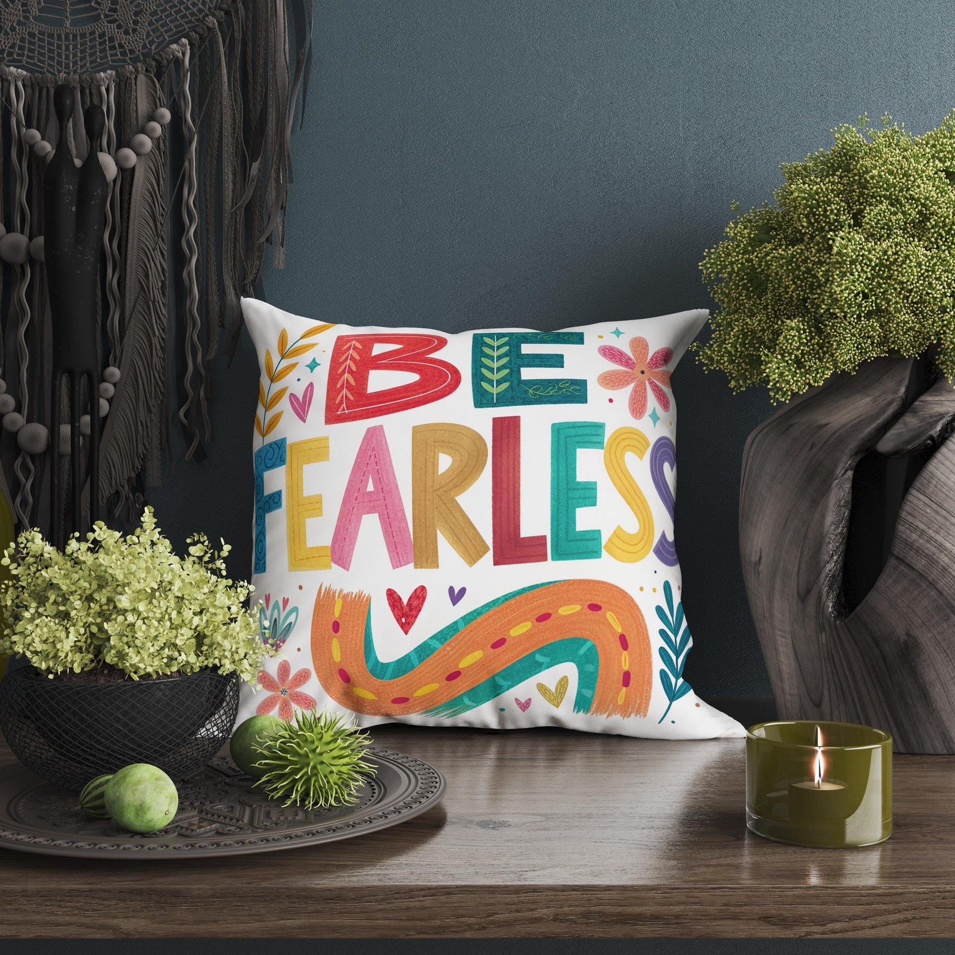 Be Fearless Inspirational Pillow | George Miller Art | Colorful Typography Cushion | Motivational Decor