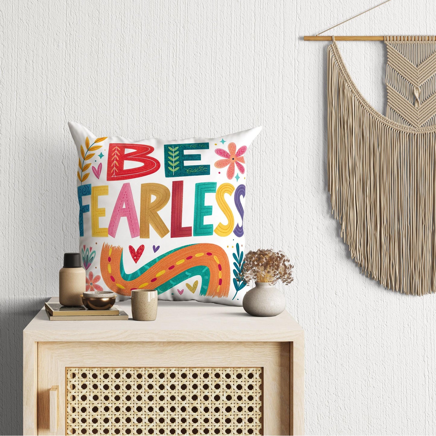 Be Fearless Inspirational Pillow | George Miller Art | Colorful Typography Cushion | Motivational Decor