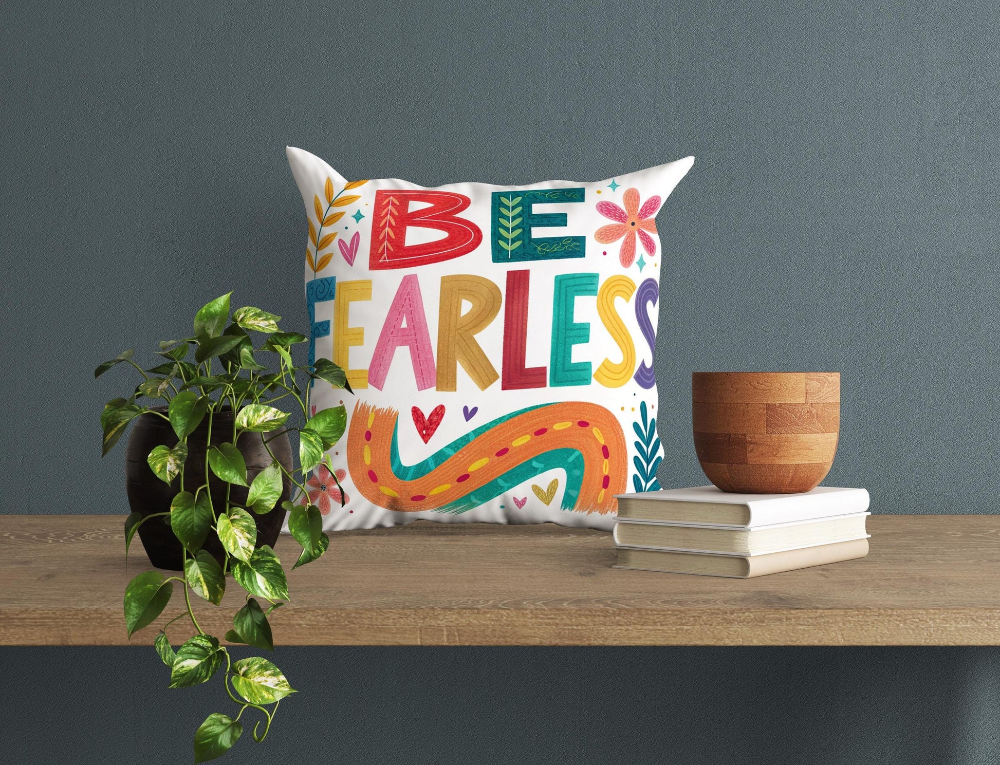 Be Fearless Inspirational Pillow | George Miller Art | Colorful Typography Cushion | Motivational Decor