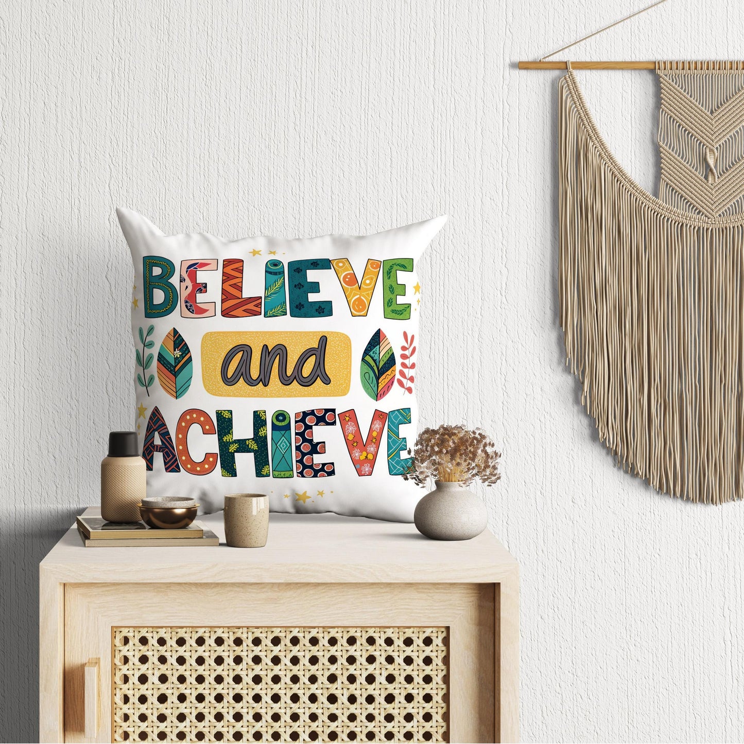 Believe and Achieve Pillow | George Miller Art | Colorful Inspirational Cushion | Motivational Decor