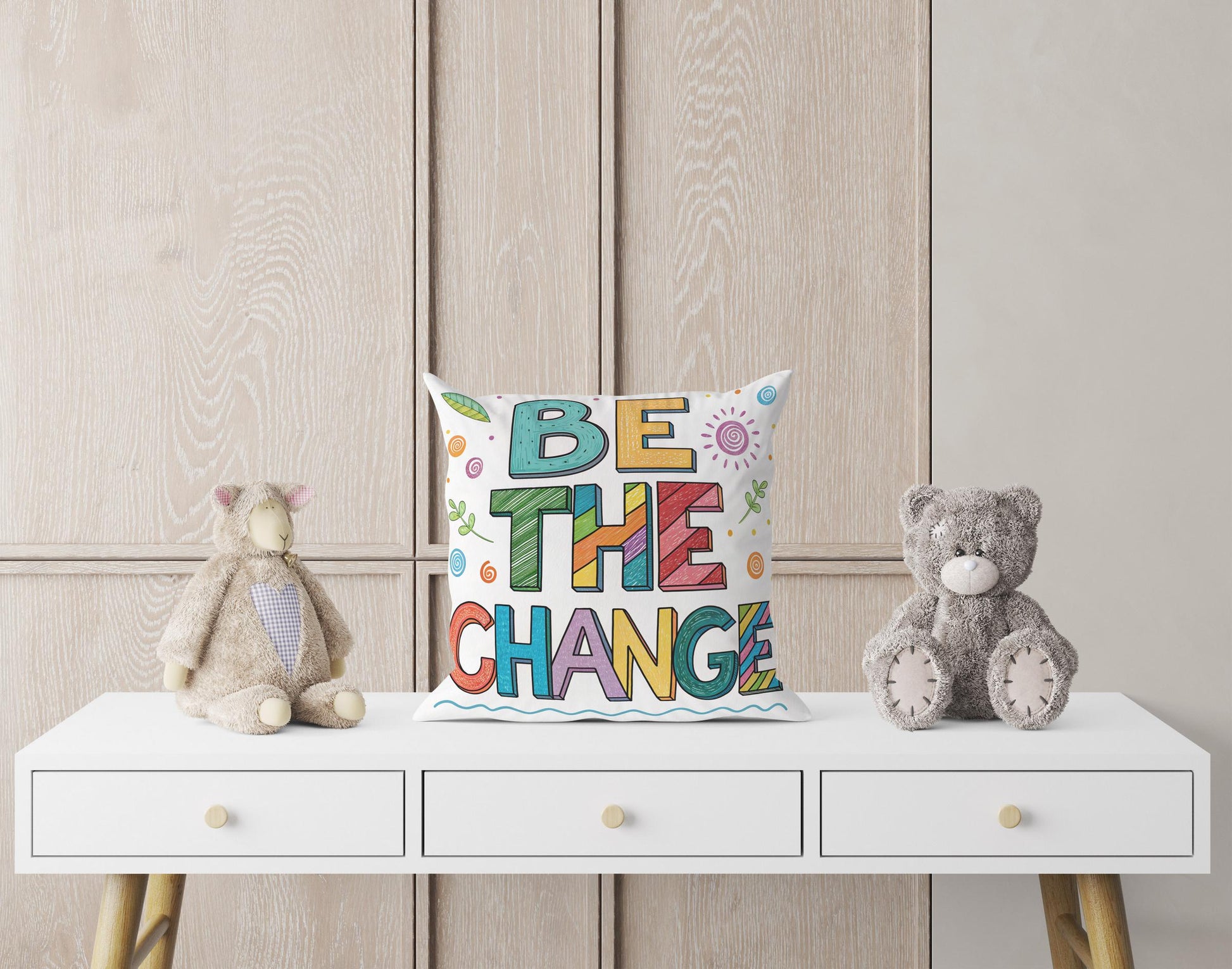 George Miller Be The Change | Whimsical Typography Pillow | Colorful Inspirational Home Accent