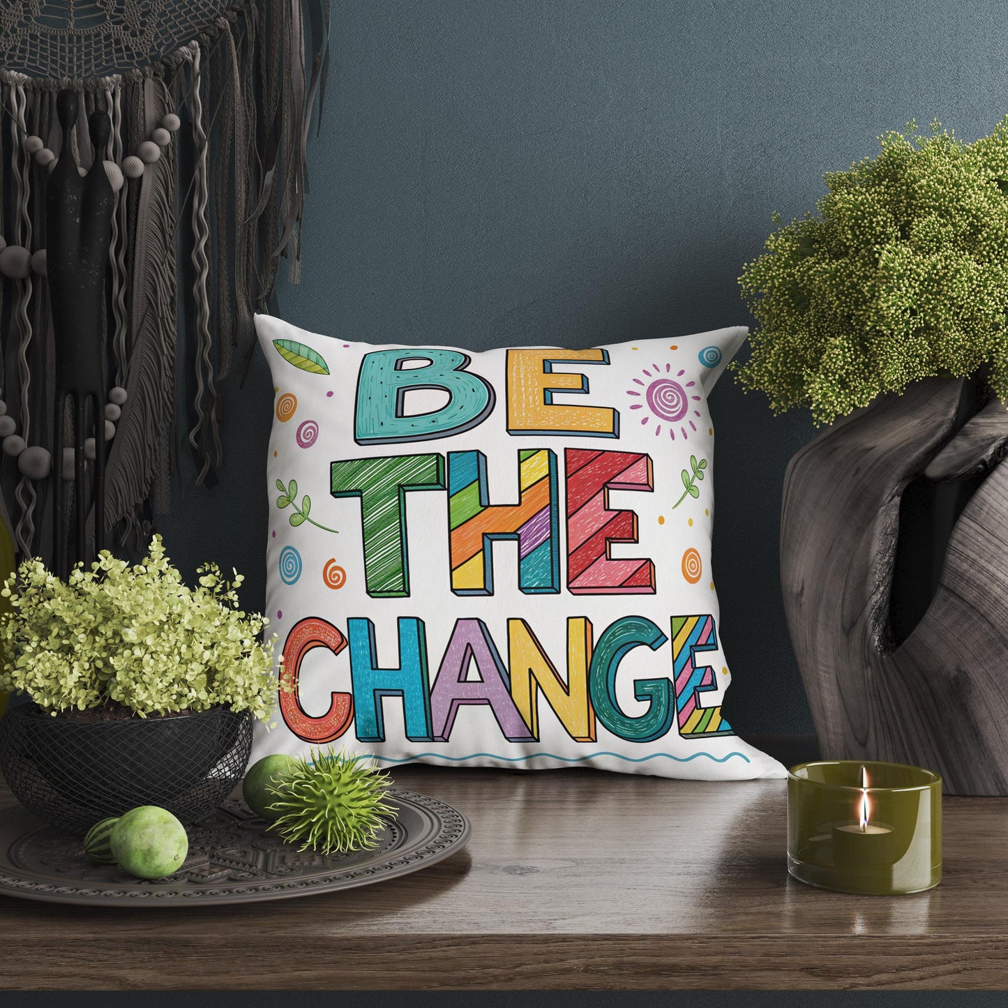 George Miller Be The Change | Whimsical Typography Pillow | Colorful Inspirational Home Accent