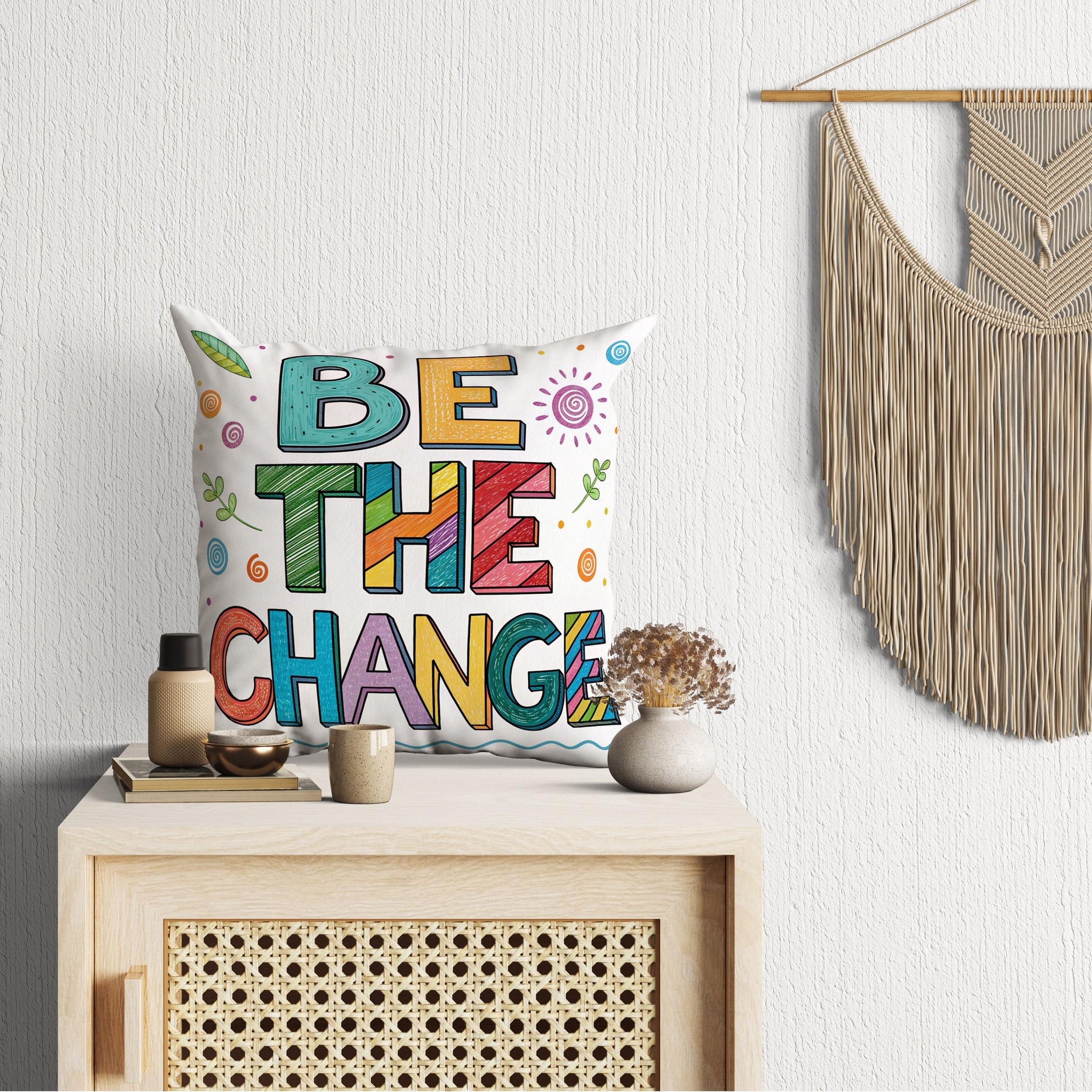 George Miller Be The Change | Whimsical Typography Pillow | Colorful Inspirational Home Accent