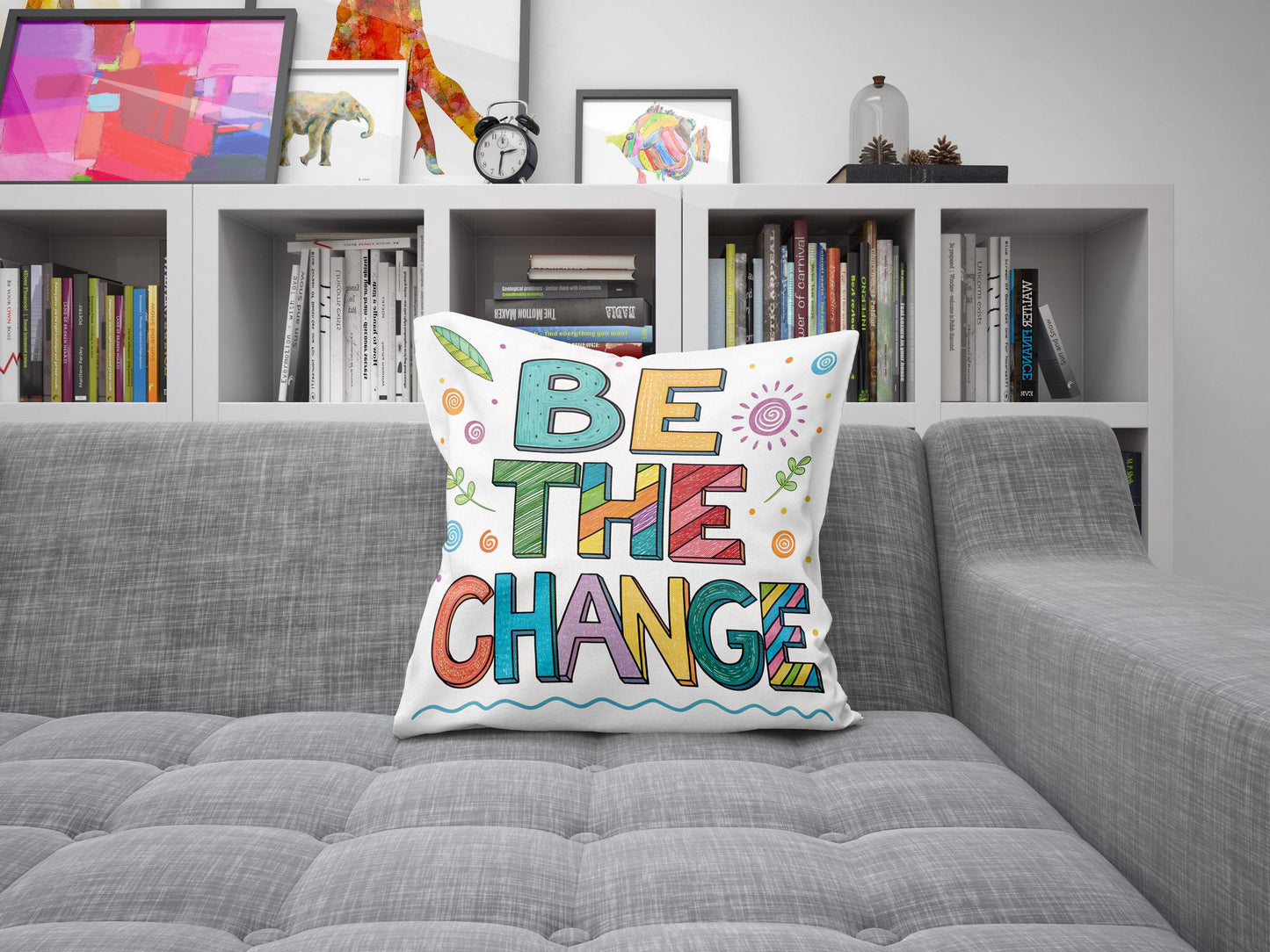 George Miller Be The Change | Whimsical Typography Pillow | Colorful Inspirational Home Accent