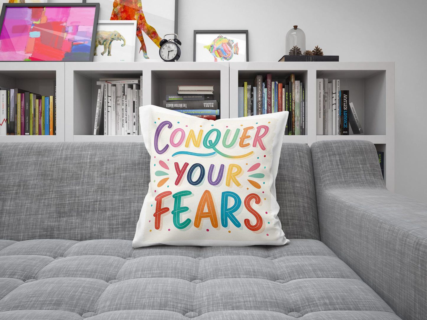 Motivational Conquer Fears | George Miller Art | Colorful Typography Cushion | Inspirational Gift