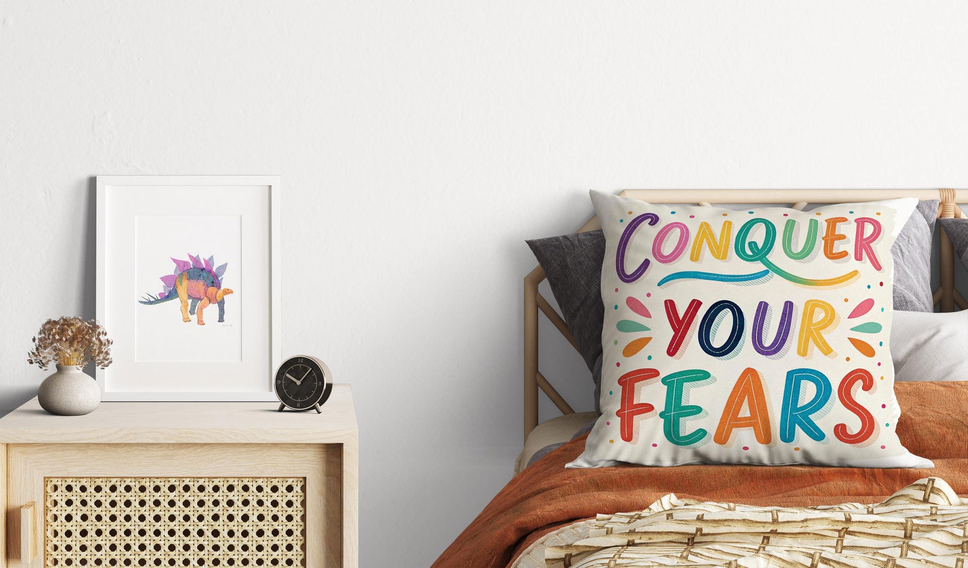 Motivational Conquer Fears | George Miller Art | Colorful Typography Cushion | Inspirational Gift