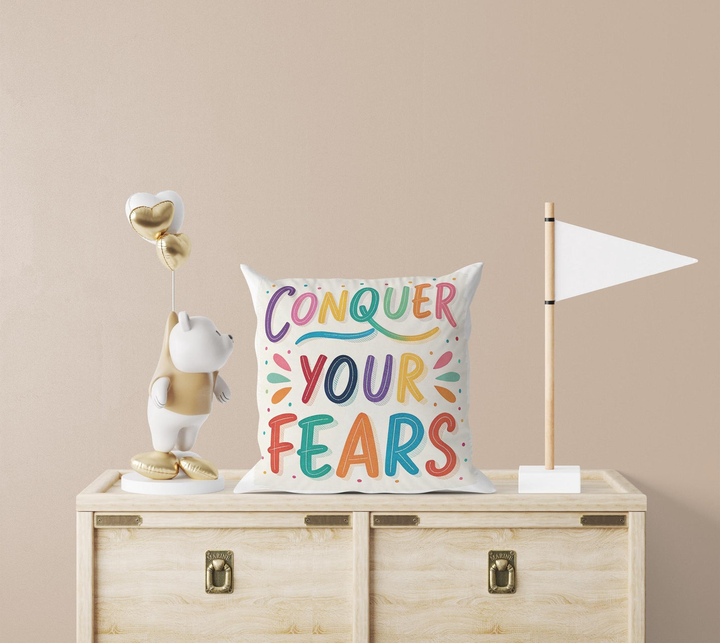 Motivational Conquer Fears | George Miller Art | Colorful Typography Cushion | Inspirational Gift