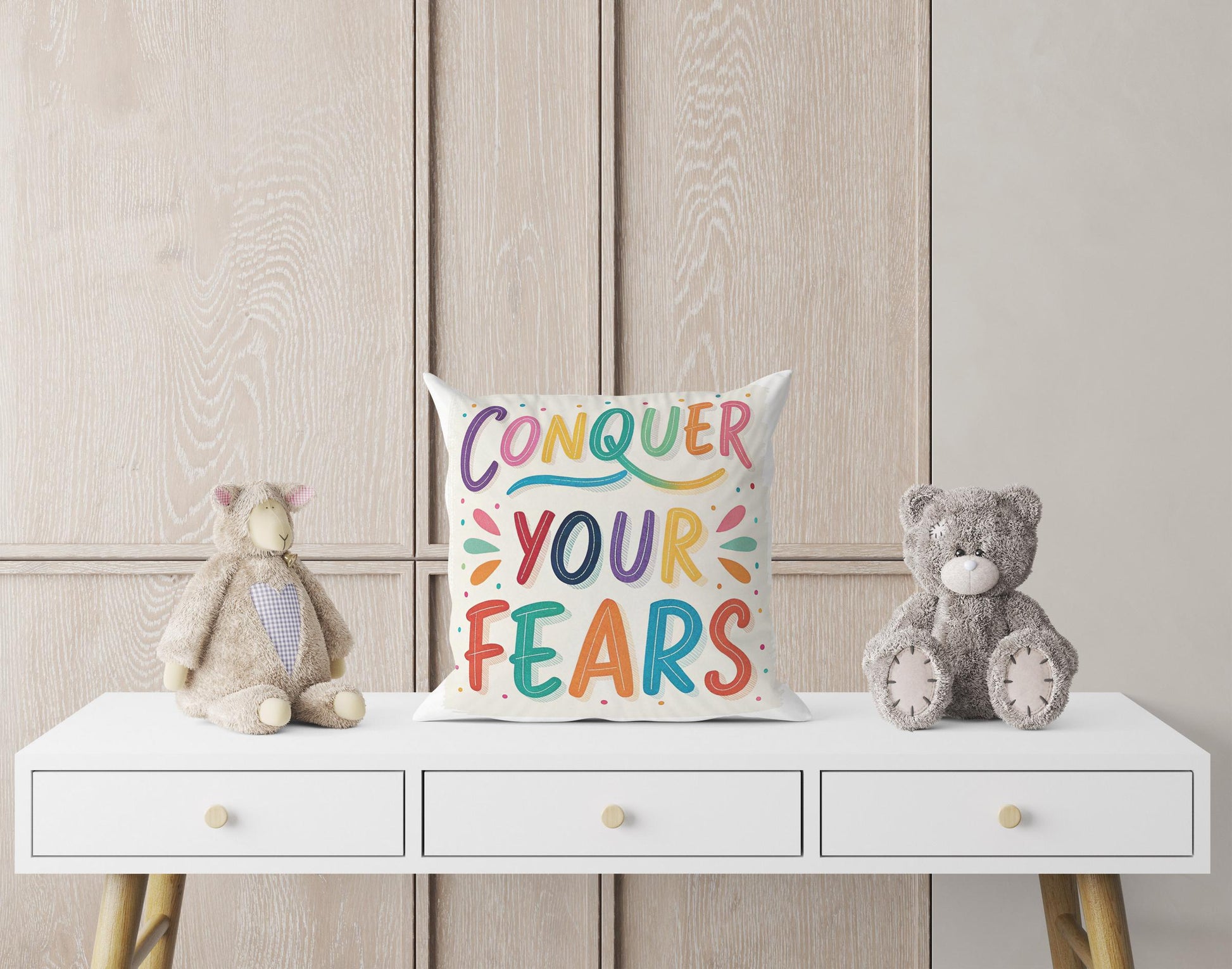 Motivational Conquer Fears | George Miller Art | Colorful Typography Cushion | Inspirational Gift