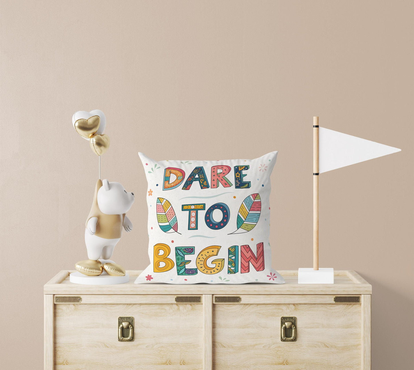 Dare to Begin Pillow | George Miller Art | Whimsical Inspirational Cushion | Motivational Decor