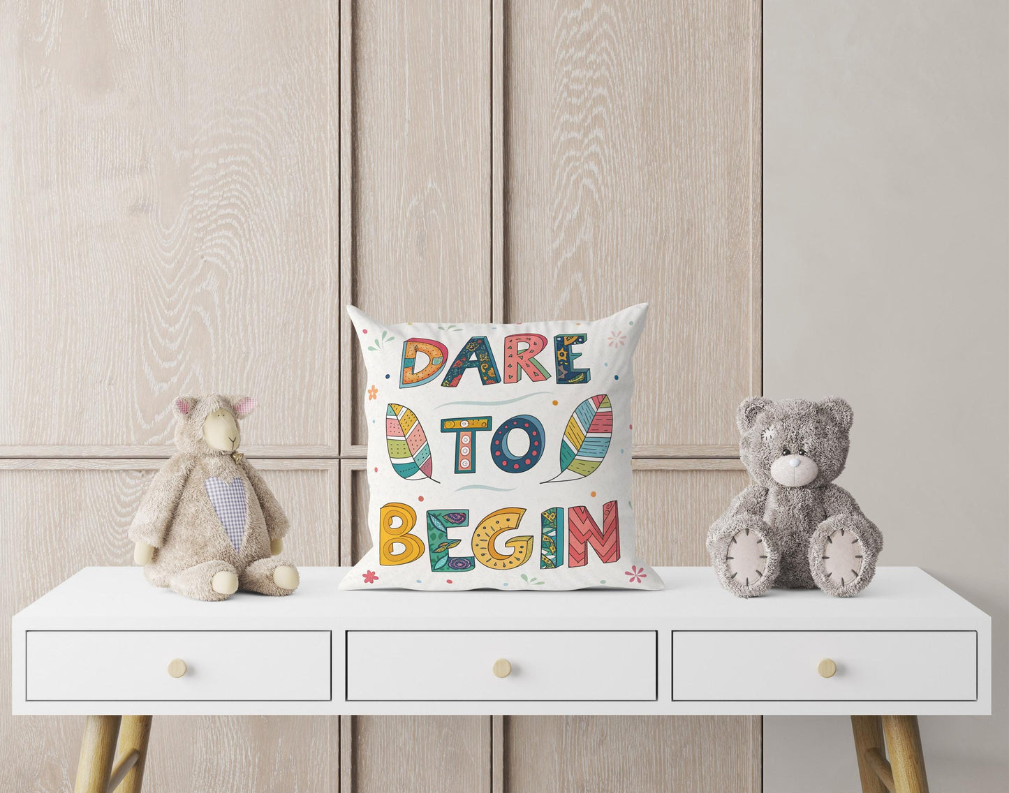 Dare to Begin Pillow | George Miller Art | Whimsical Inspirational Cushion | Motivational Decor