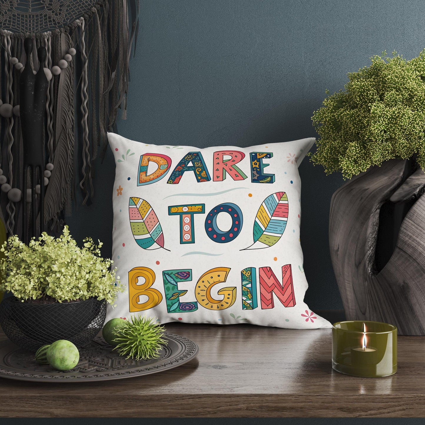 Dare to Begin Pillow | George Miller Art | Whimsical Inspirational Cushion | Motivational Decor