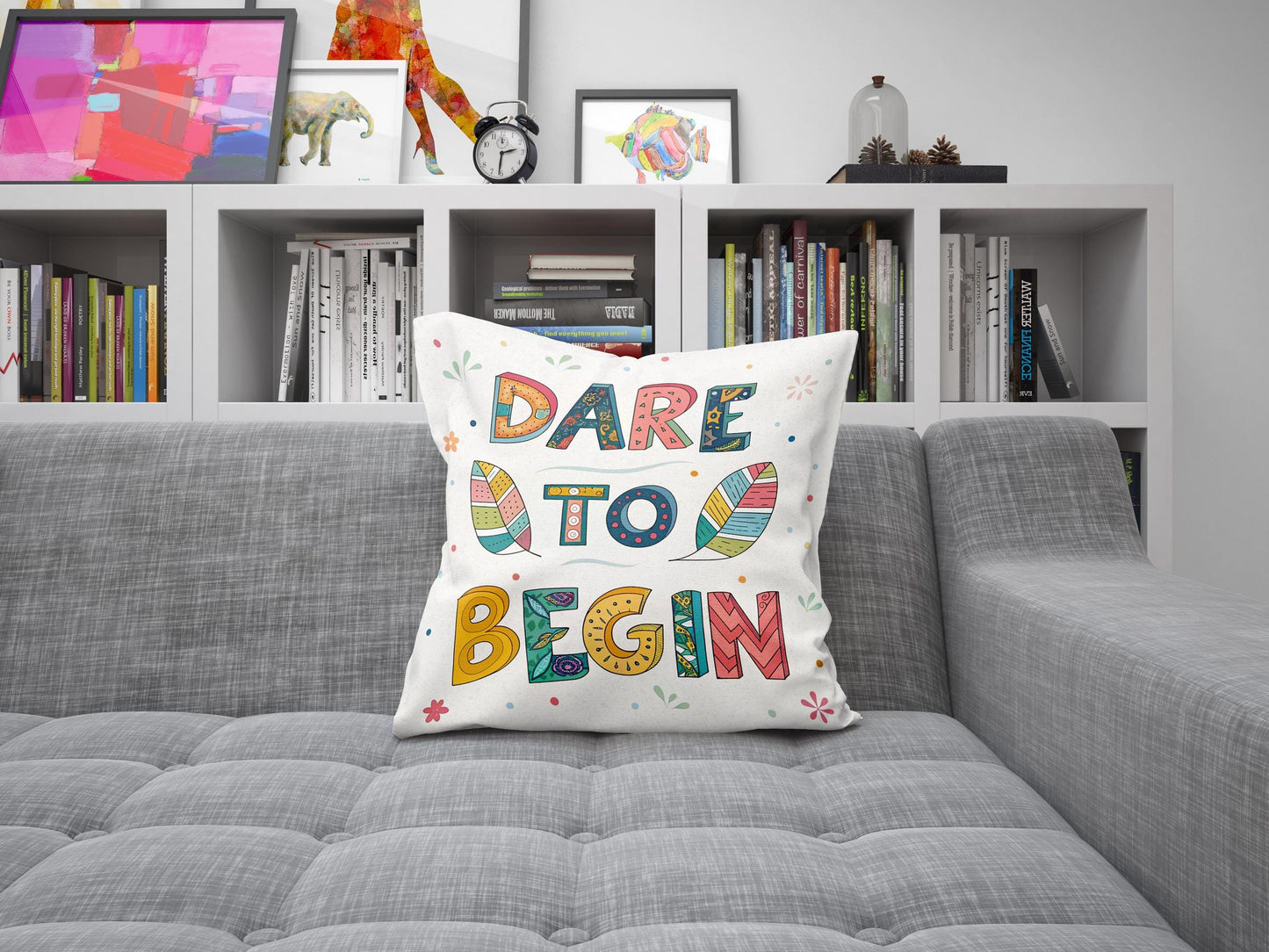 Dare to Begin Pillow | George Miller Art | Whimsical Inspirational Cushion | Motivational Decor