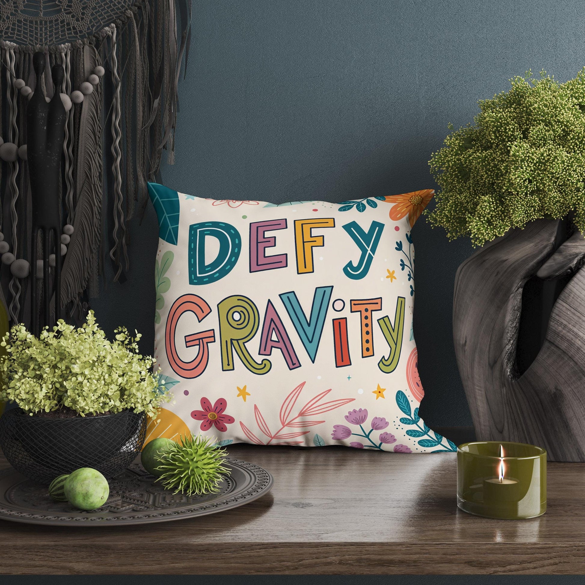 George Miller Inspirational | Defy Gravity Typography Pillow | Colorful Motivational Home Accent