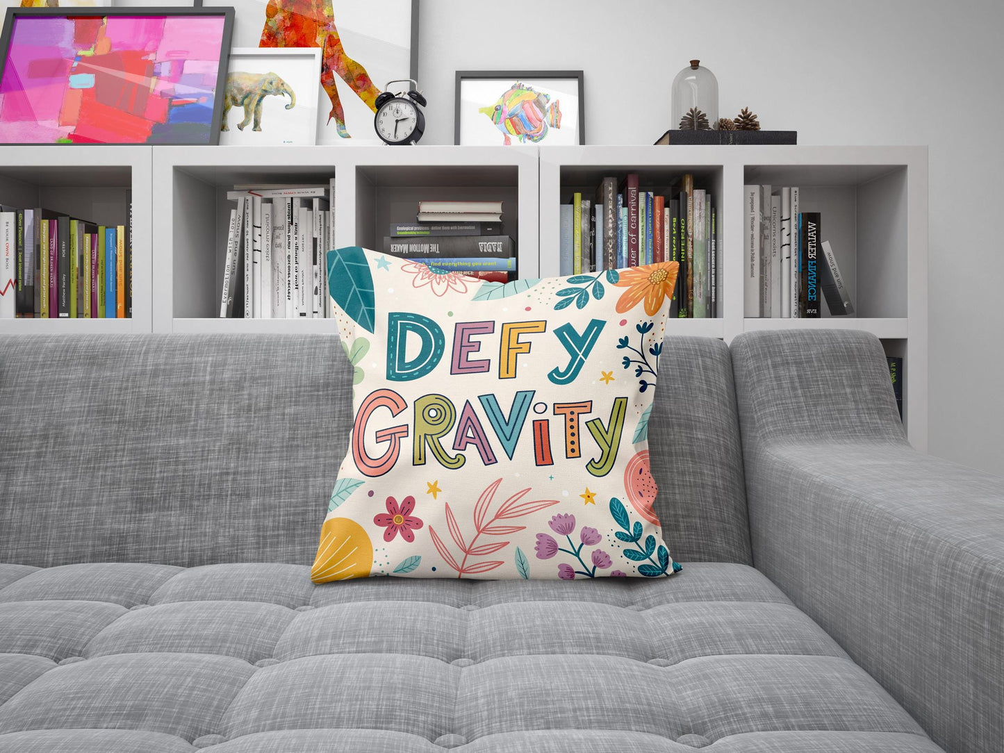 George Miller Inspirational | Defy Gravity Typography Pillow | Colorful Motivational Home Accent