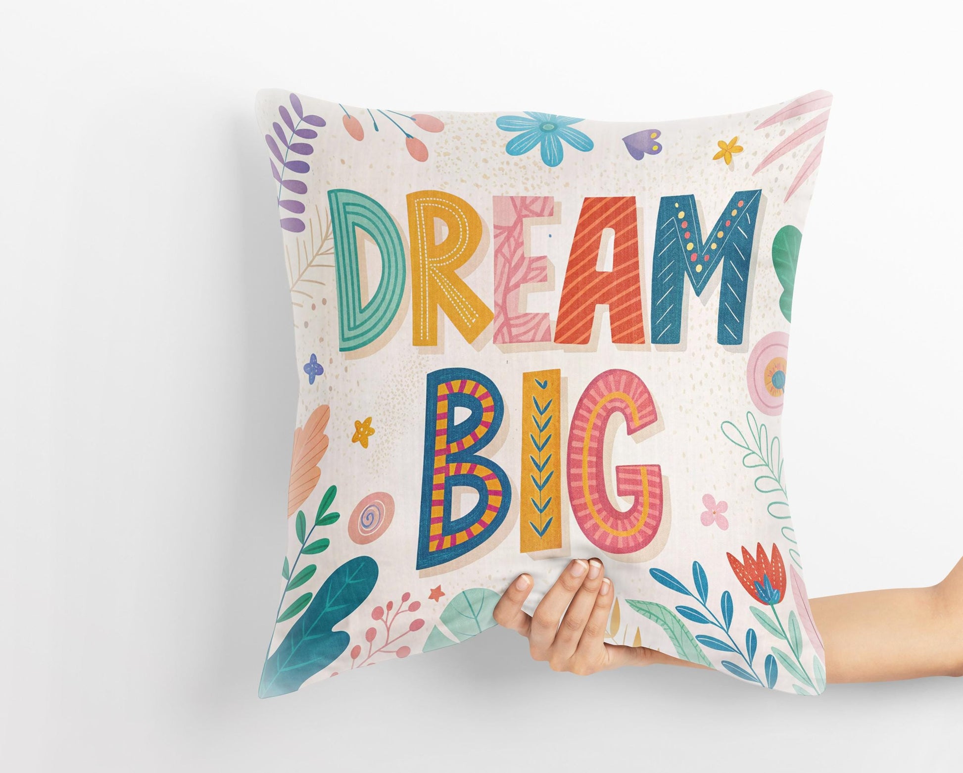 Whimsical Floral Pillow | Dream Big Design | Inspirational Throw Cushion | Folk Art Home Decor