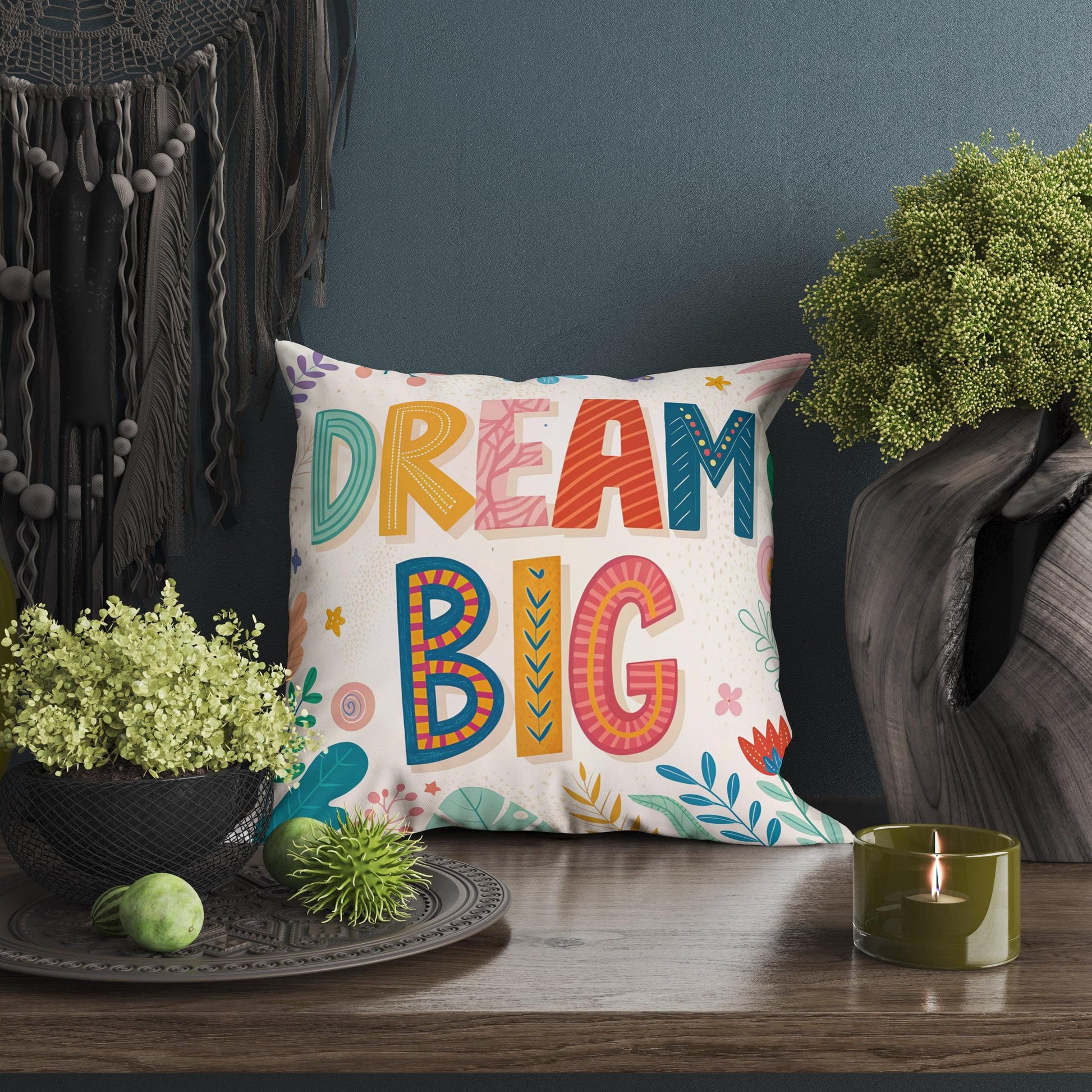 Whimsical Floral Pillow | Dream Big Design | Inspirational Throw Cushion | Folk Art Home Decor