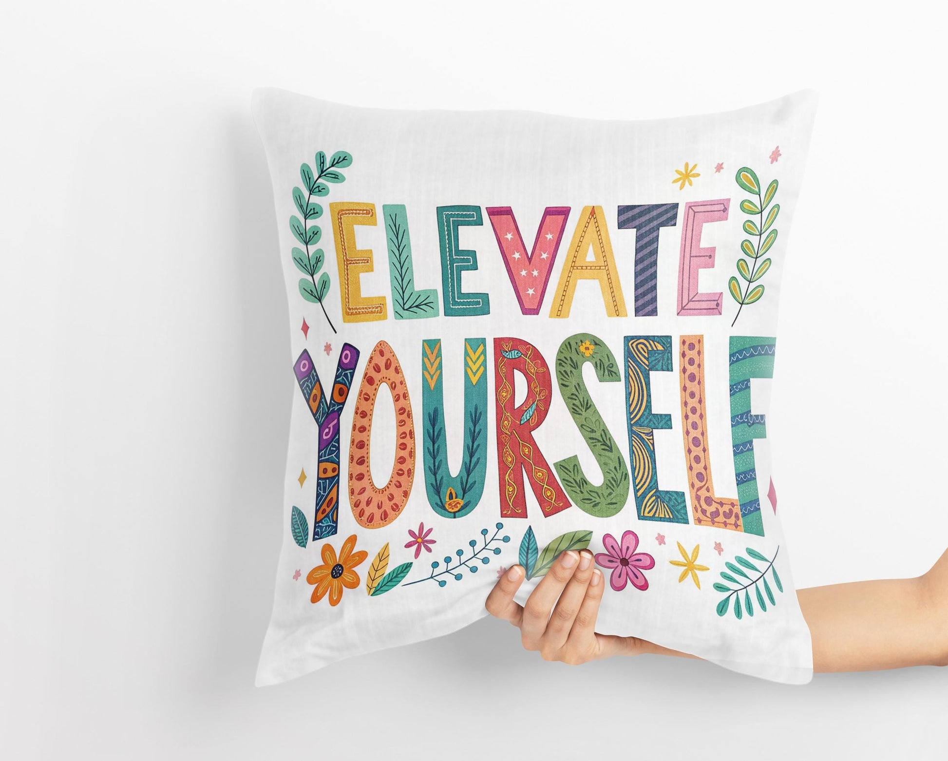 Motivational Word Art | Elevate Yourself | George Miller Typography | Colorful Inspirational Pillow