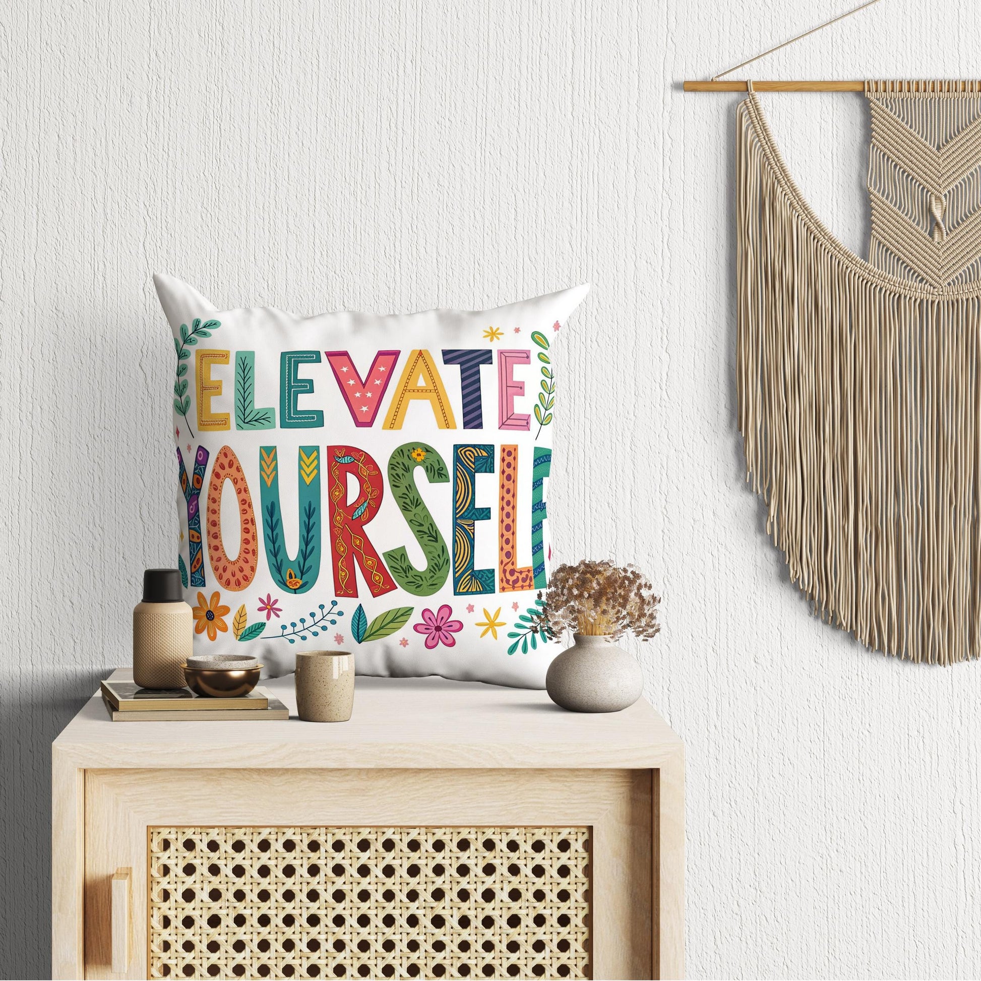 Motivational Word Art | Elevate Yourself | George Miller Typography | Colorful Inspirational Pillow