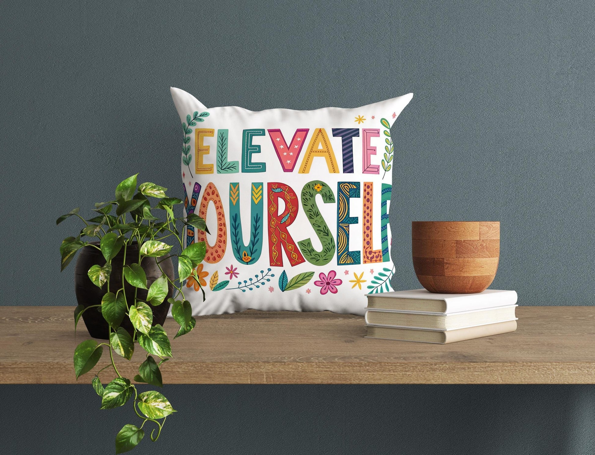 Motivational Word Art | Elevate Yourself | George Miller Typography | Colorful Inspirational Pillow