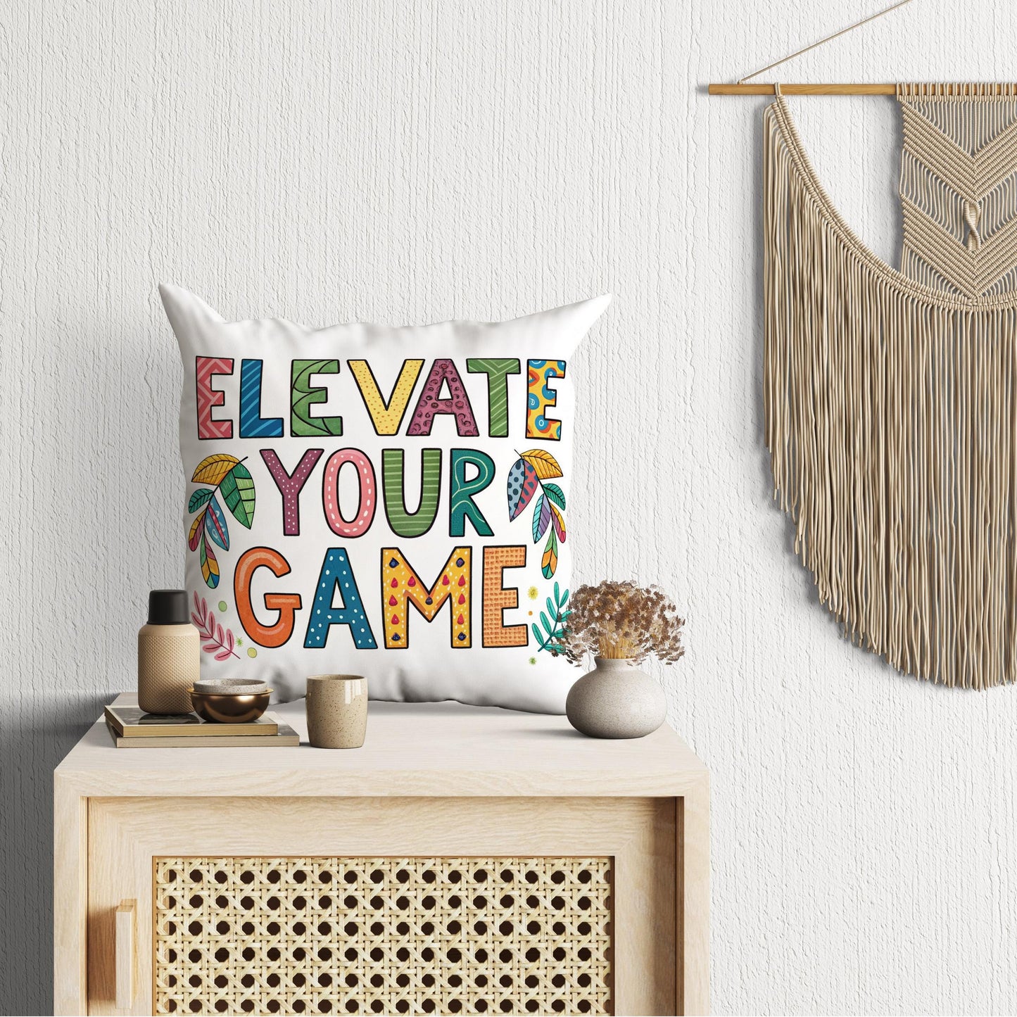 Empowering Pillow Cover | Elevate Your Game | George Miller Art | Whimsical Leaf Motivational Gift