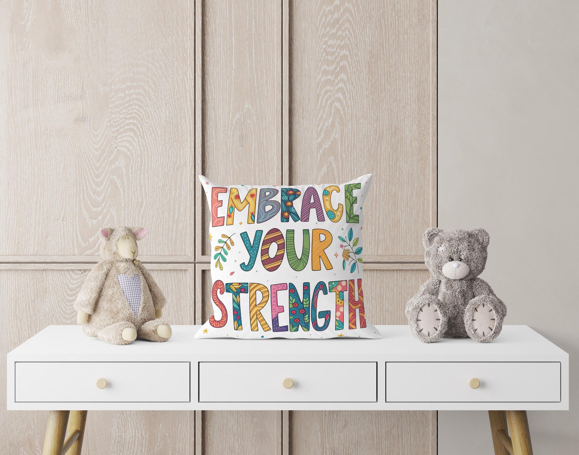 Embrace Your Strength Pillow | George Miller Art | Whimsical Inspirational Cushion | Motivational Decor