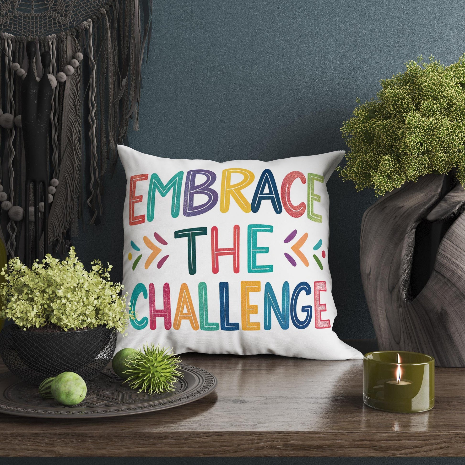 Inspirational Quote Pillow | Embrace the Challenge | George Miller Design | Colorful Home Office Decor