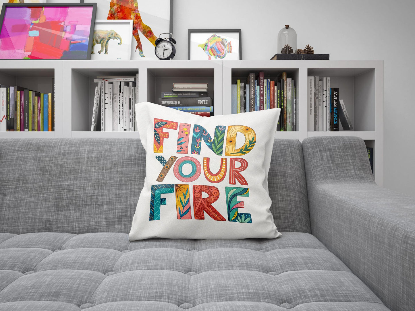 Find Your Fire Inspirational Pillow | Colorful Typography Boho Home Decor | Motivational Gift