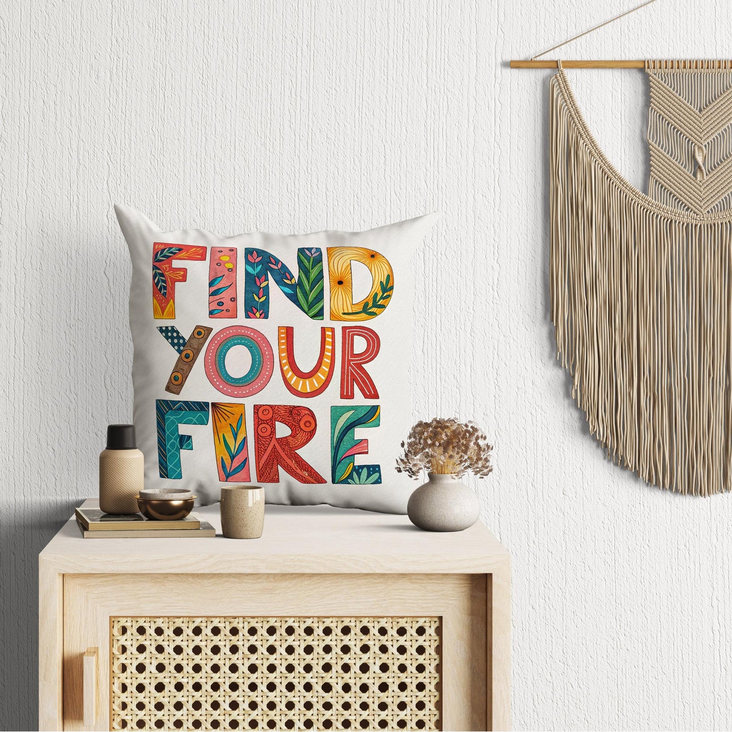 Find Your Fire Inspirational Pillow | Colorful Typography Boho Home Decor | Motivational Gift