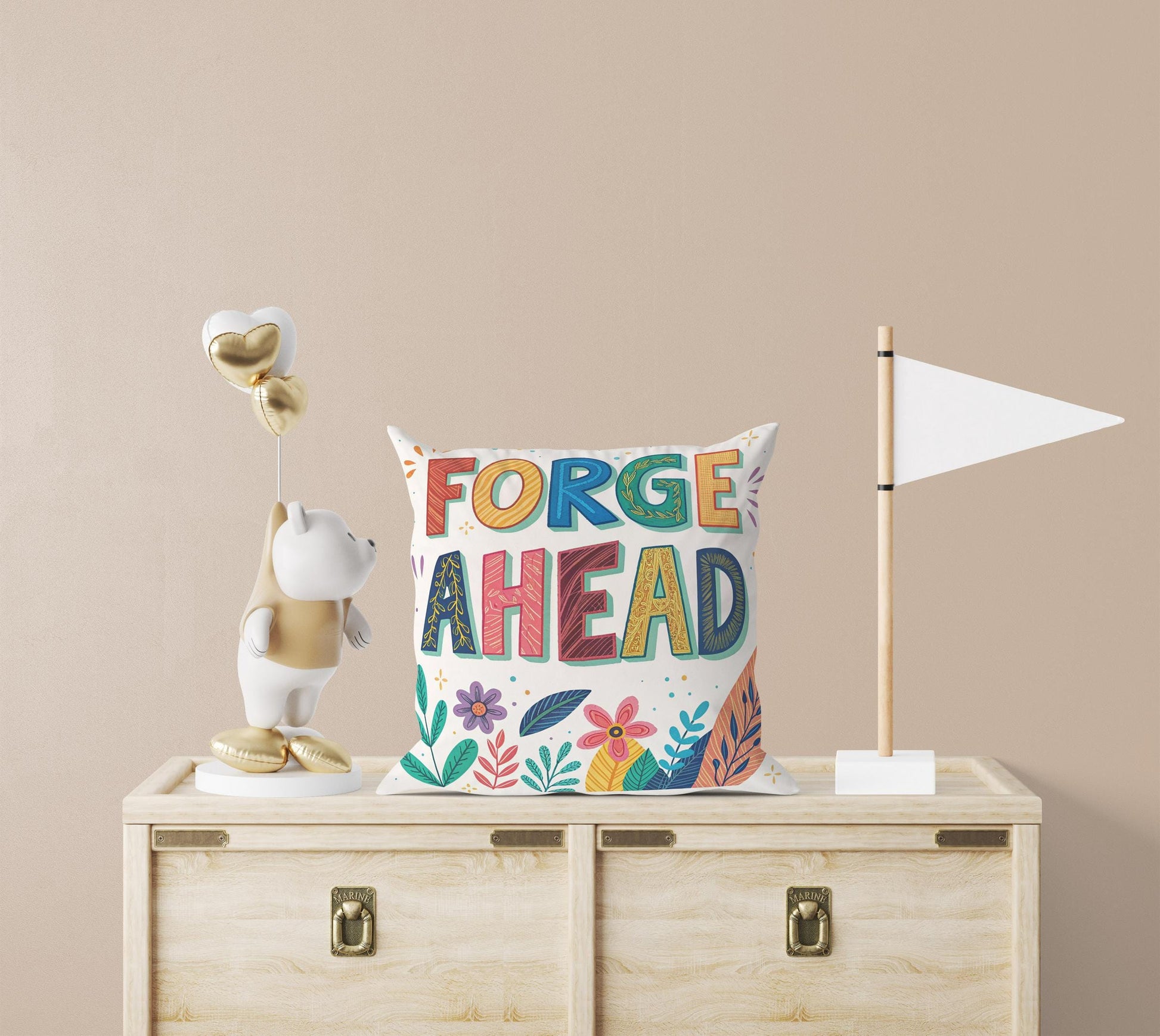 Forge Ahead Motivational Pillow | Colorful Typography Boho Home Decor | Inspirational Gift