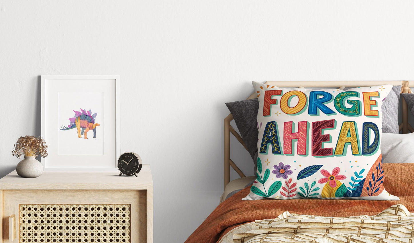 Forge Ahead Motivational Pillow | Colorful Typography Boho Home Decor | Inspirational Gift