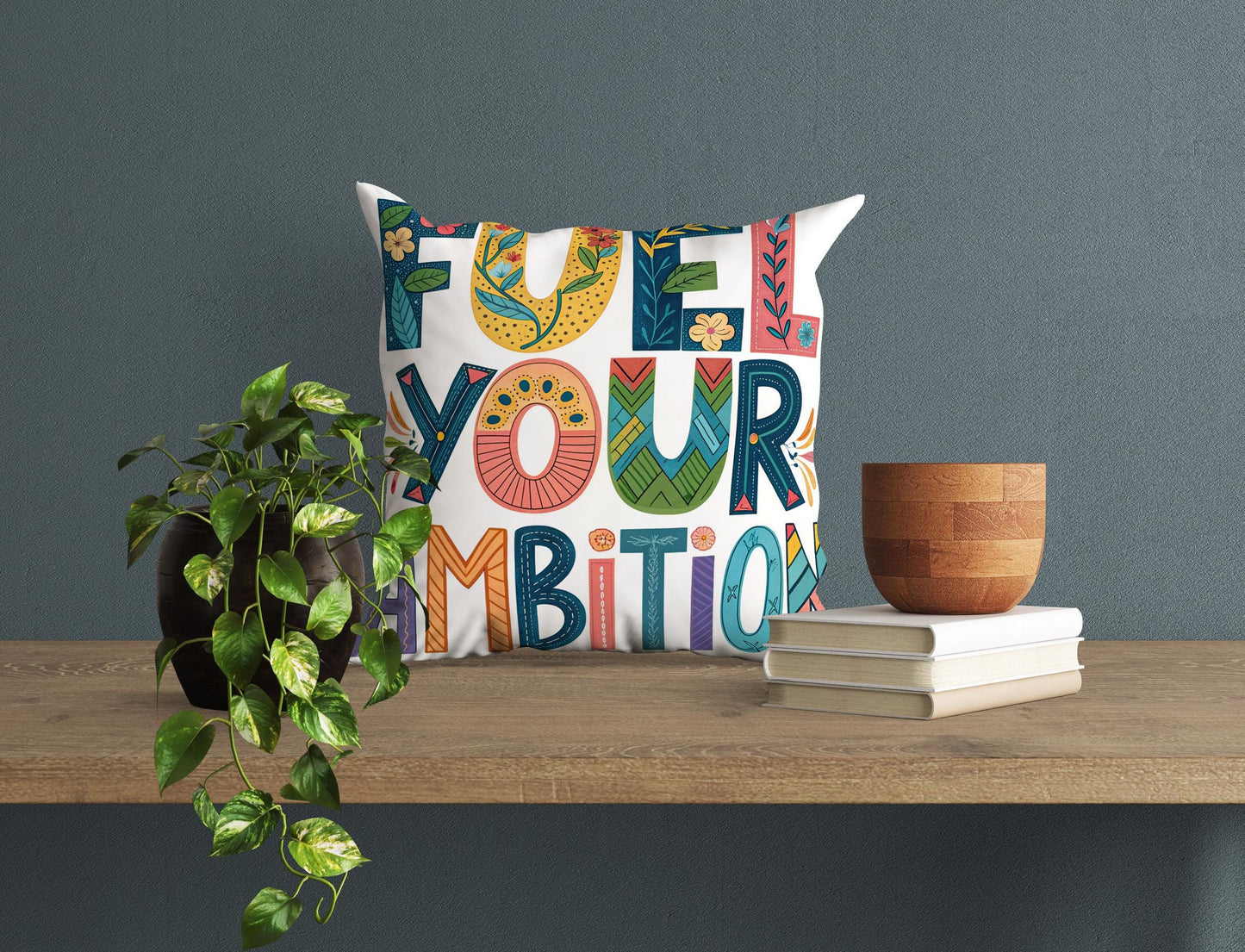 Artistic &#39;Fuel Your Ambition&#39; Cushion | Boho Chic Typography Pillow | Motivational Home Decor