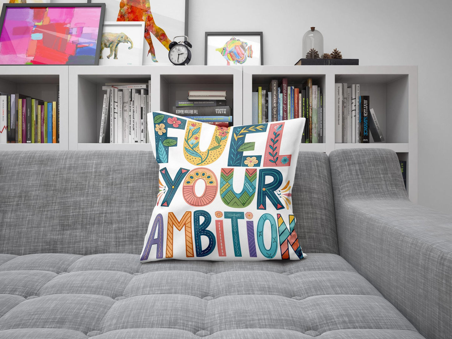 Artistic &#39;Fuel Your Ambition&#39; Cushion | Boho Chic Typography Pillow | Motivational Home Decor