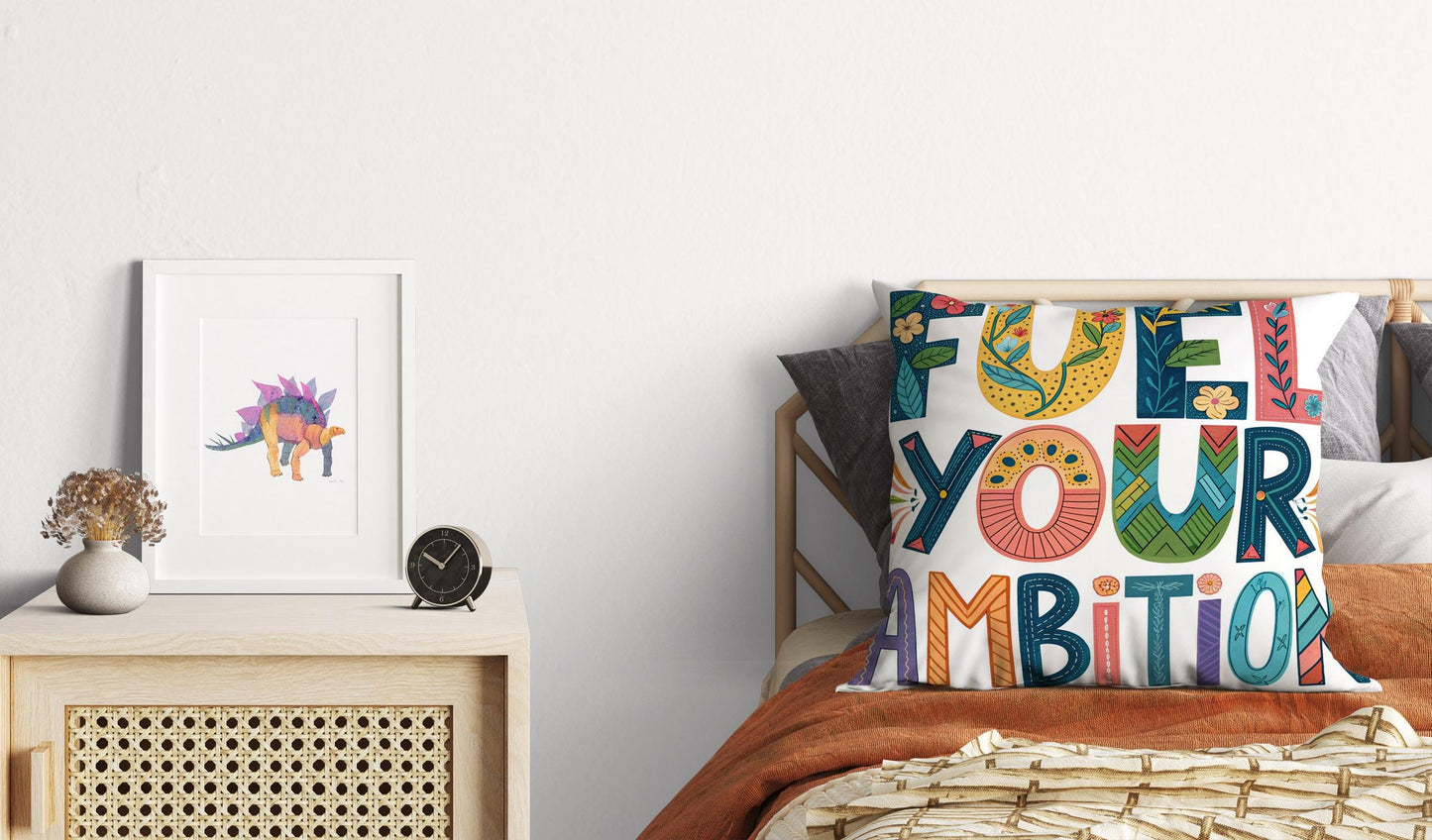 Artistic &#39;Fuel Your Ambition&#39; Cushion | Boho Chic Typography Pillow | Motivational Home Decor