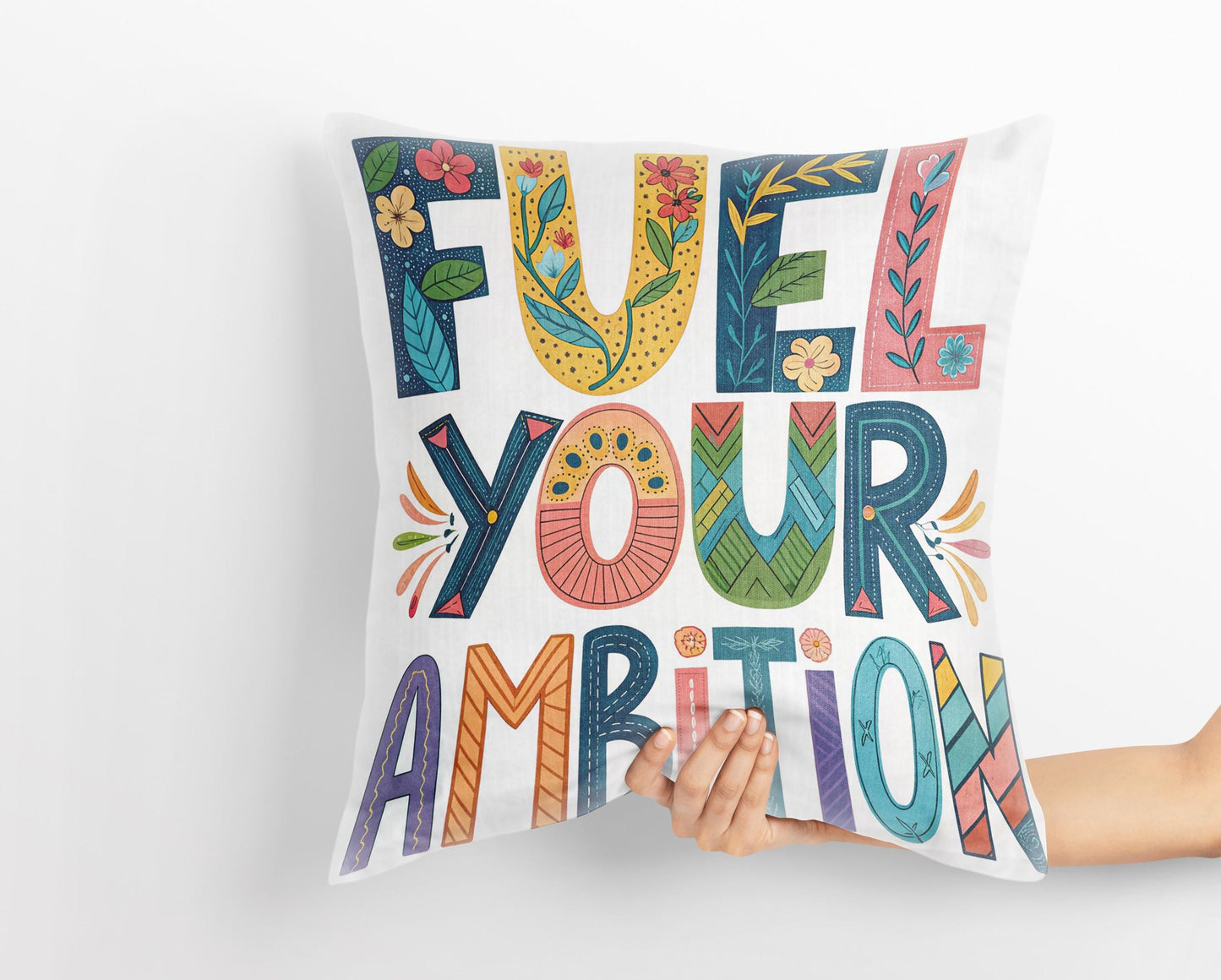 Artistic &#39;Fuel Your Ambition&#39; Cushion | Boho Chic Typography Pillow | Motivational Home Decor