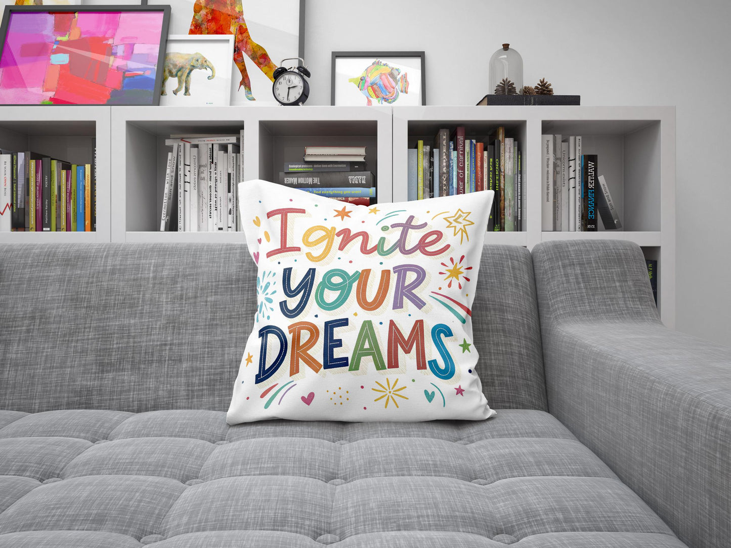 Ignite Your Dreams Inspirational Pillow | Colorful Typography Whimsical Home Decor | Motivational Gift