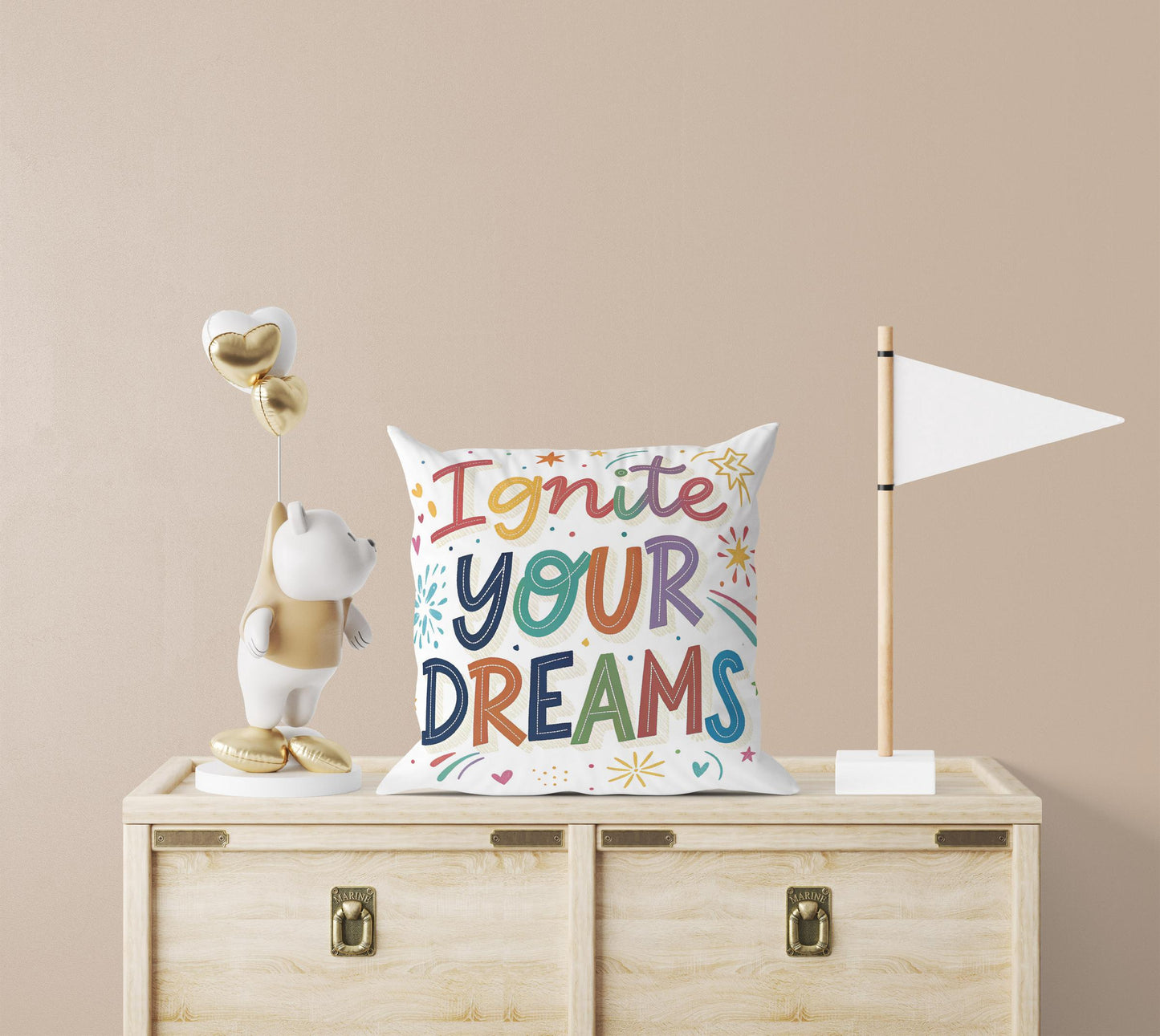 Ignite Your Dreams Inspirational Pillow | Colorful Typography Whimsical Home Decor | Motivational Gift