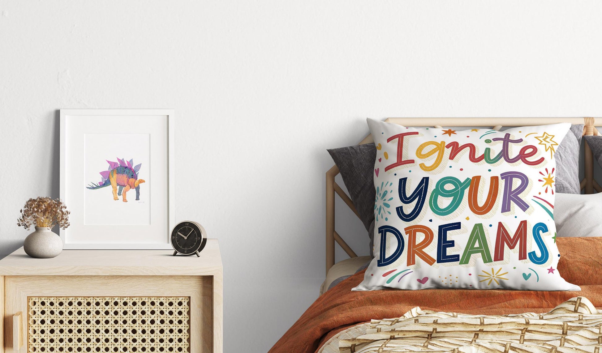 Ignite Your Dreams Inspirational Pillow | Colorful Typography Whimsical Home Decor | Motivational Gift