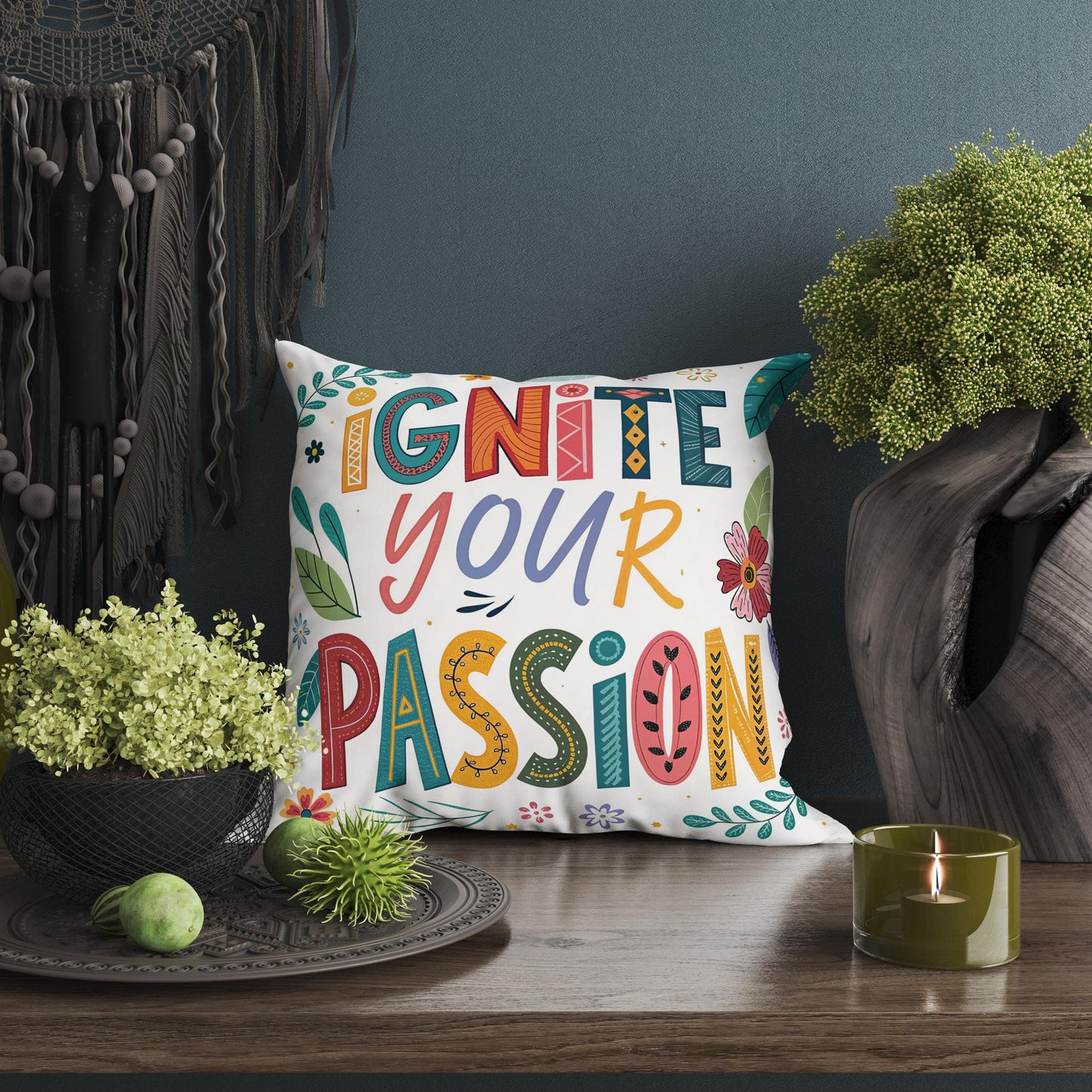 Hand Lettered &#39;Ignite Your Passion&#39; Decorative Pillow | Nature Inspired Art | Unique Home Accent