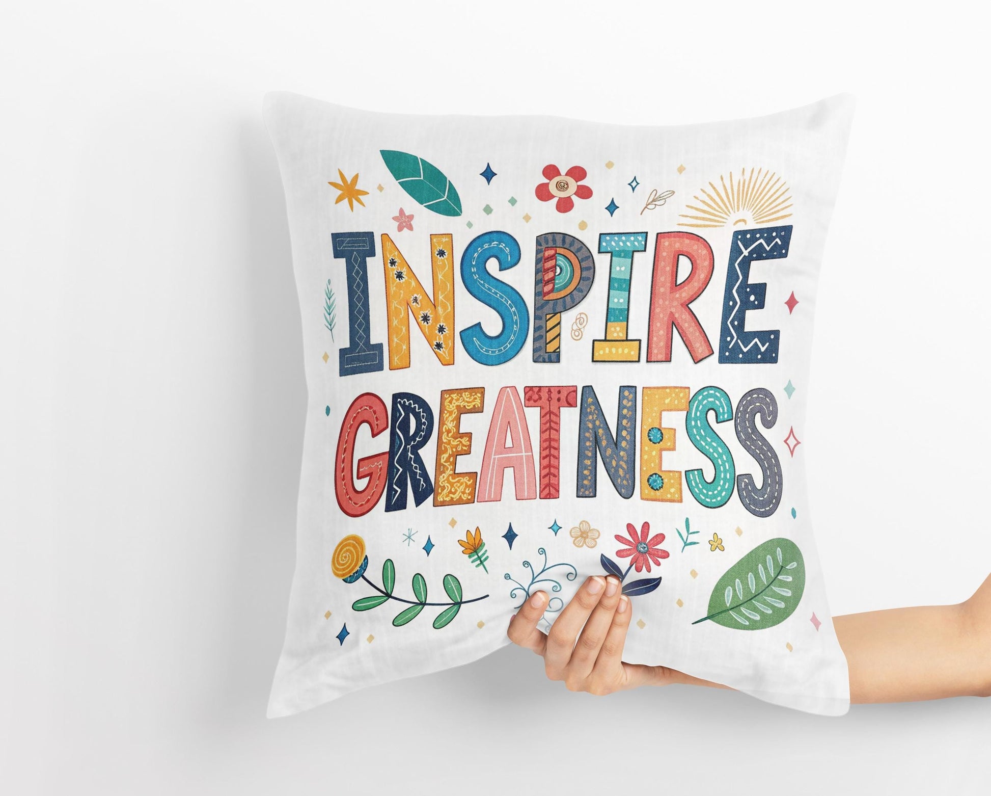 Inspire Greatness Motivational Pillow | Colorful Typography Boho Home Decor | Inspirational Gift