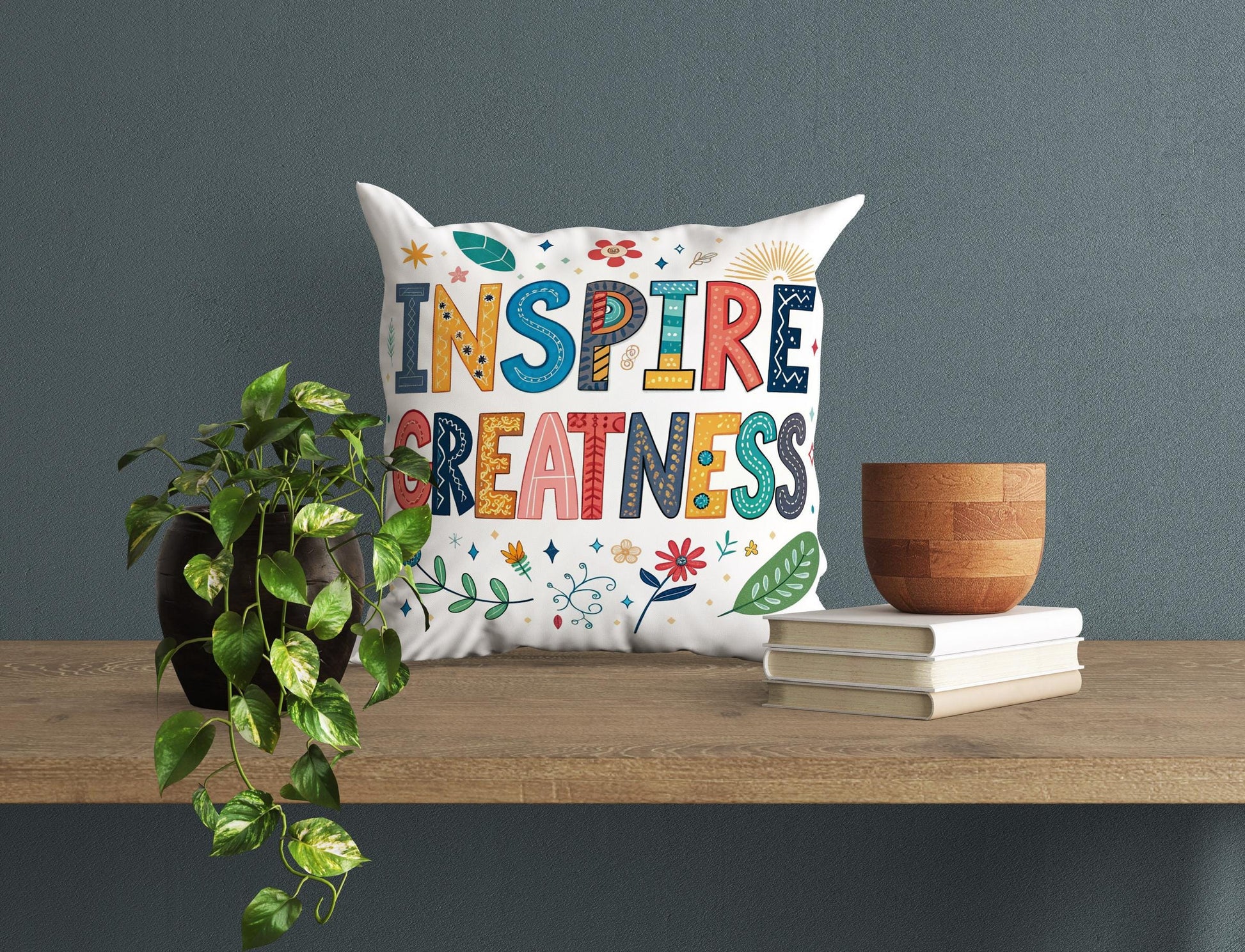 Inspire Greatness Motivational Pillow | Colorful Typography Boho Home Decor | Inspirational Gift