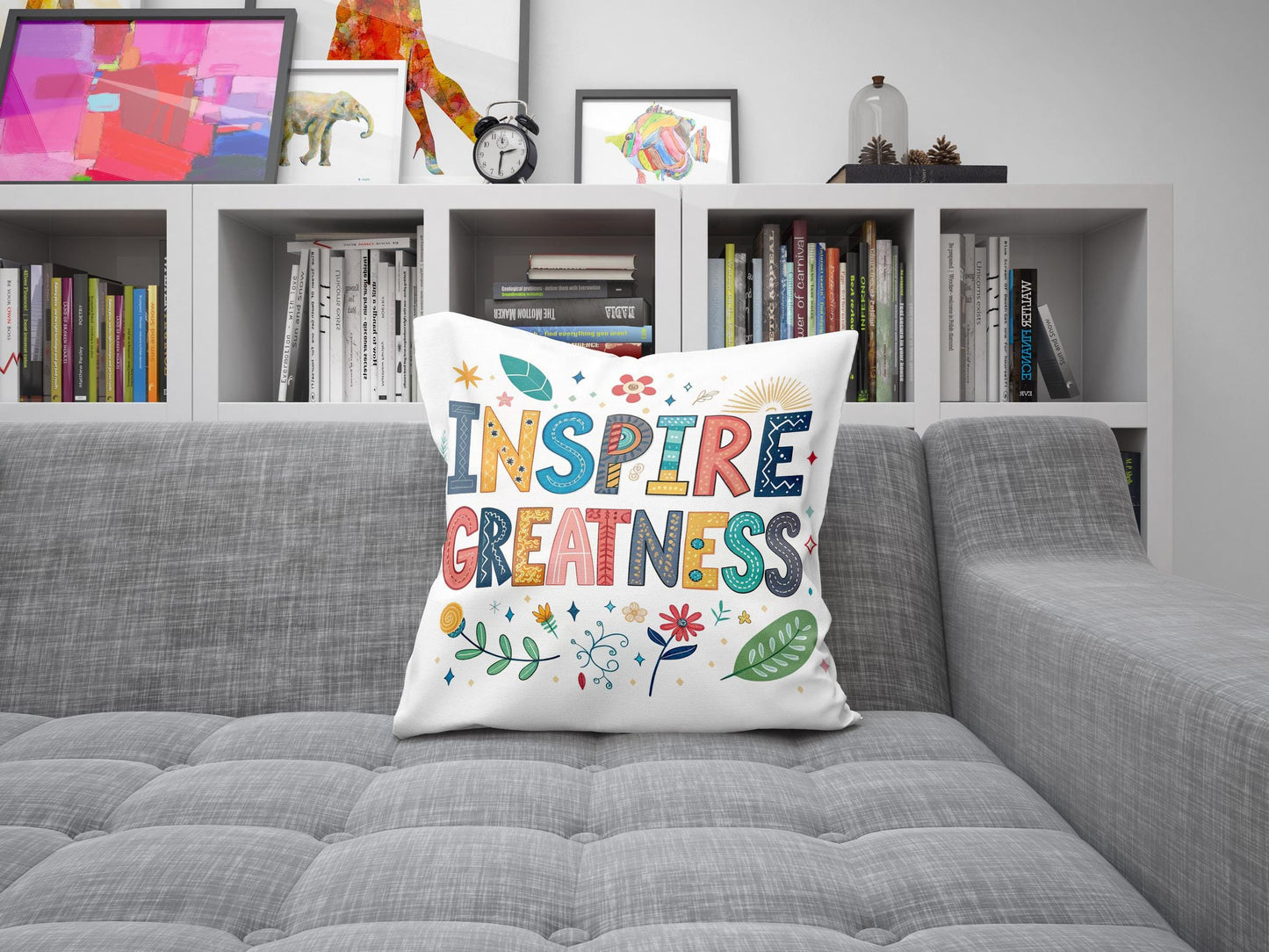 Inspire Greatness Motivational Pillow | Colorful Typography Boho Home Decor | Inspirational Gift