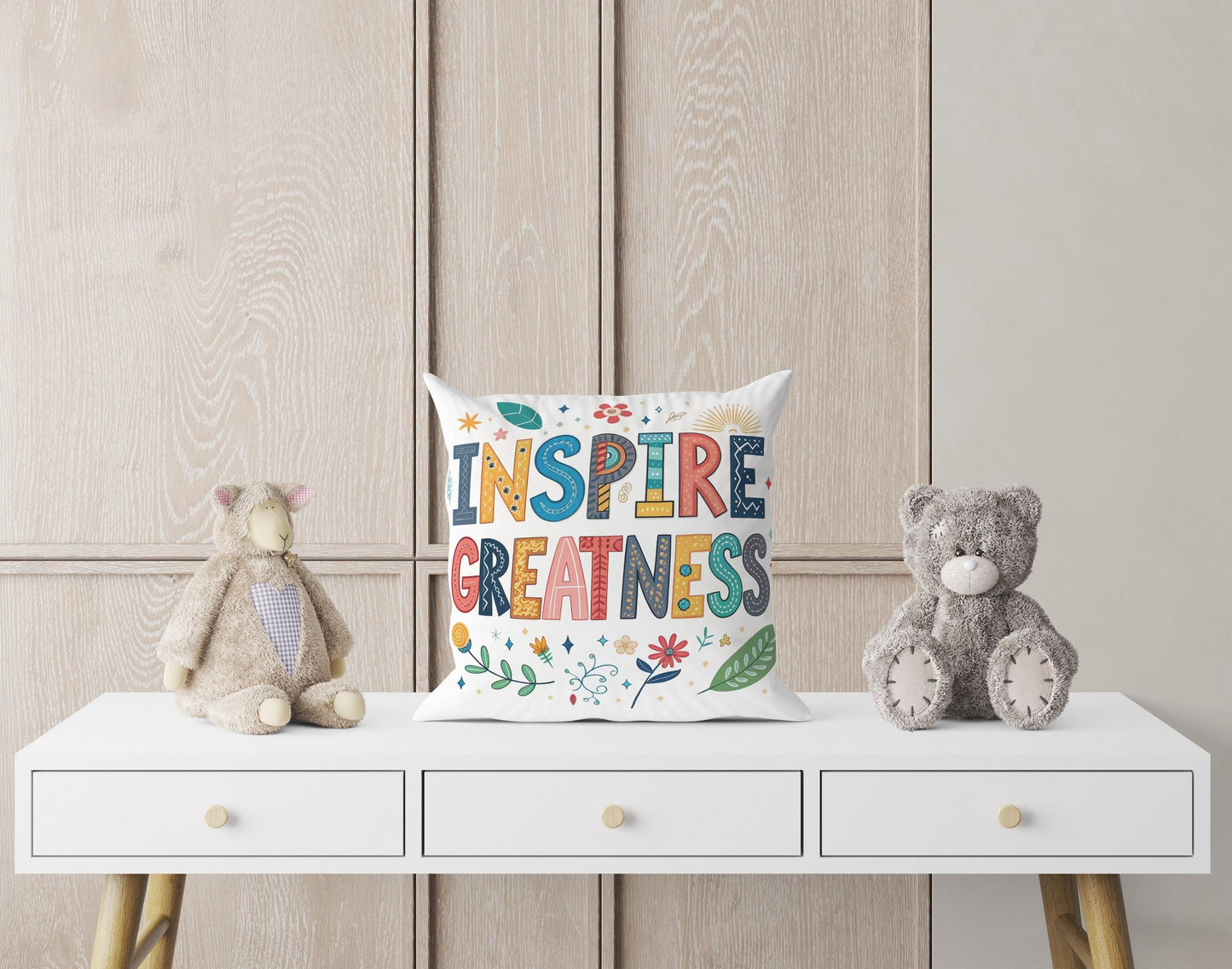 Inspire Greatness Motivational Pillow | Colorful Typography Boho Home Decor | Inspirational Gift