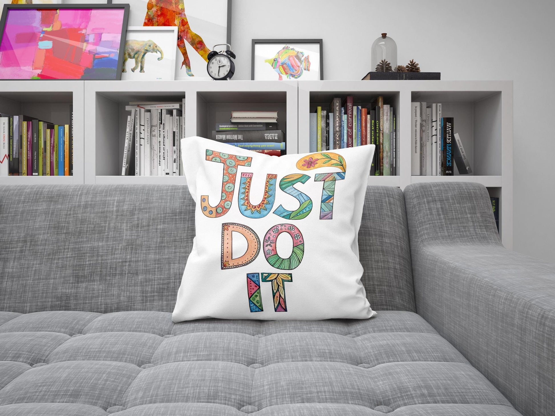 Folk Art Inspired &#39;Just Do It&#39; Pillow | Colorful Lettering | Encouraging Room Accent