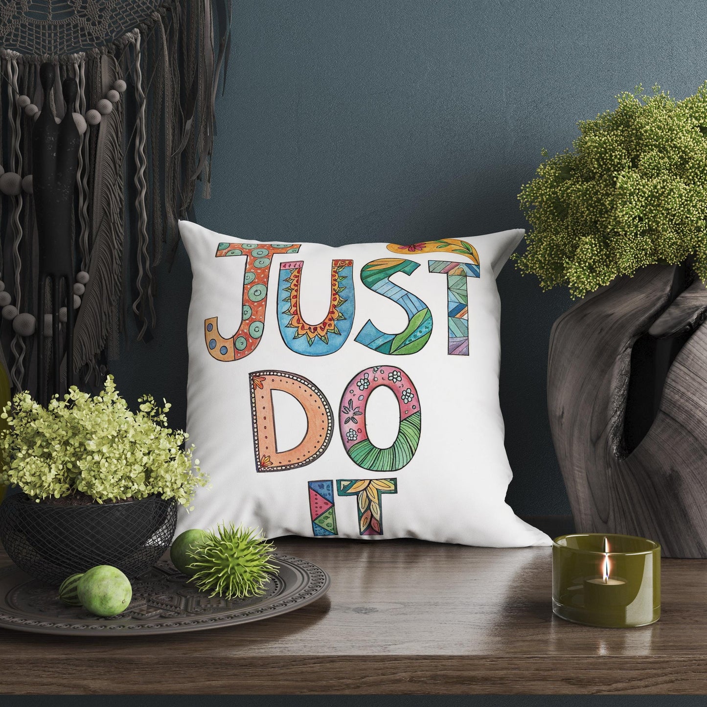 Folk Art Inspired &#39;Just Do It&#39; Pillow | Colorful Lettering | Encouraging Room Accent