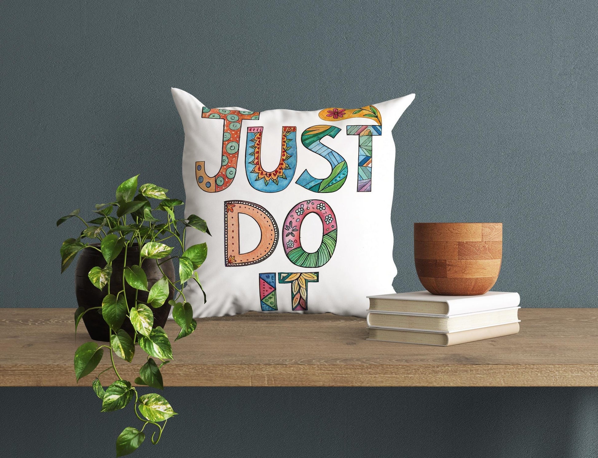 Folk Art Inspired &#39;Just Do It&#39; Pillow | Colorful Lettering | Encouraging Room Accent