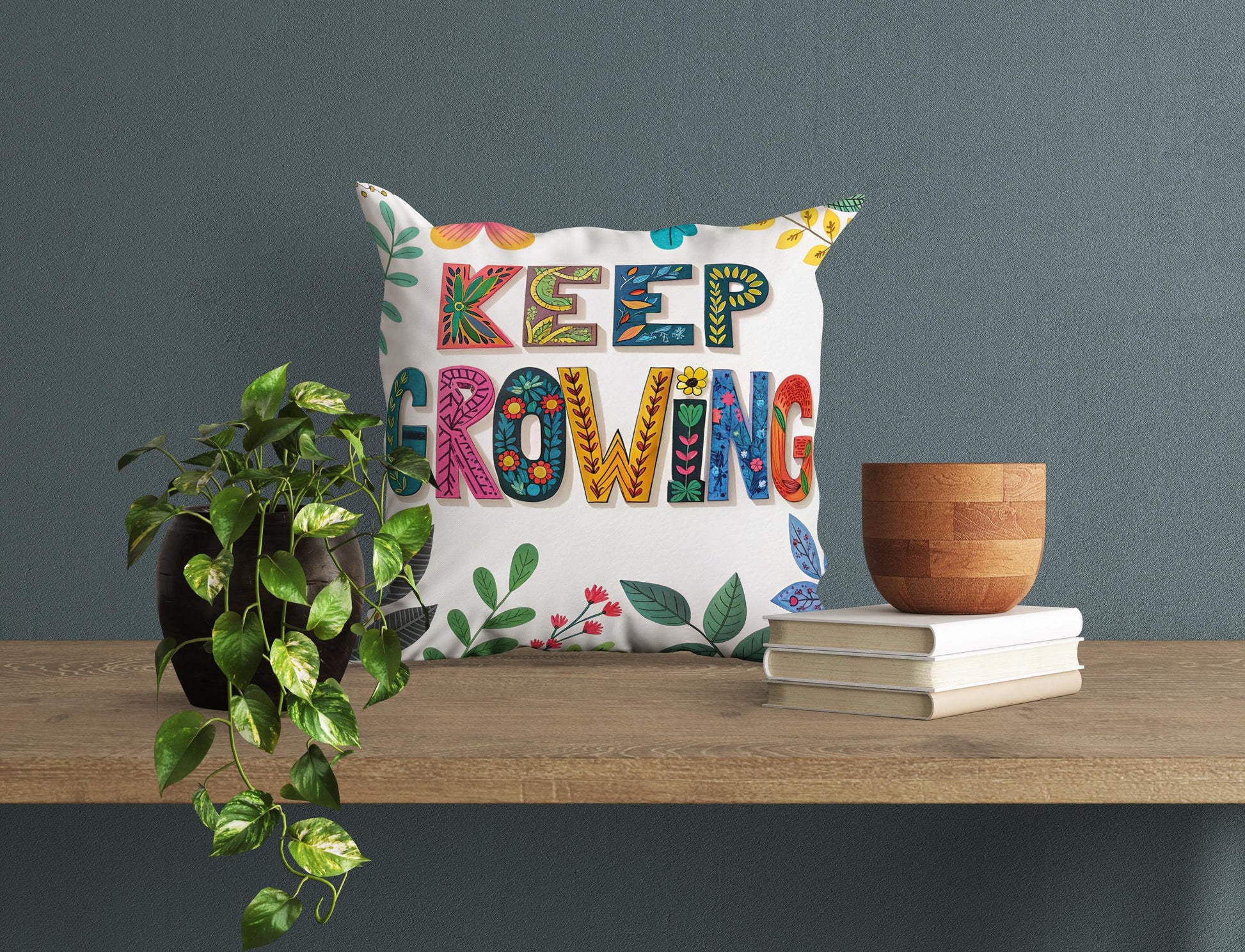 Keep Growing Inspirational Pillow | Floral Typography Boho Home Decor | Motivational Gift