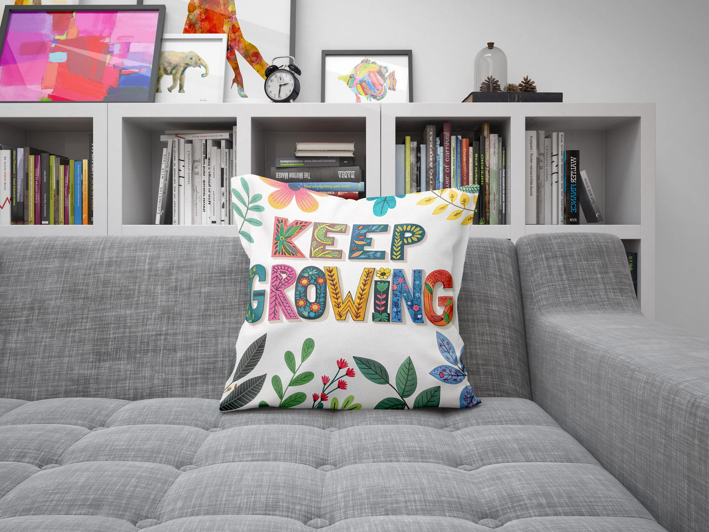 Keep Growing Inspirational Pillow | Floral Typography Boho Home Decor | Motivational Gift