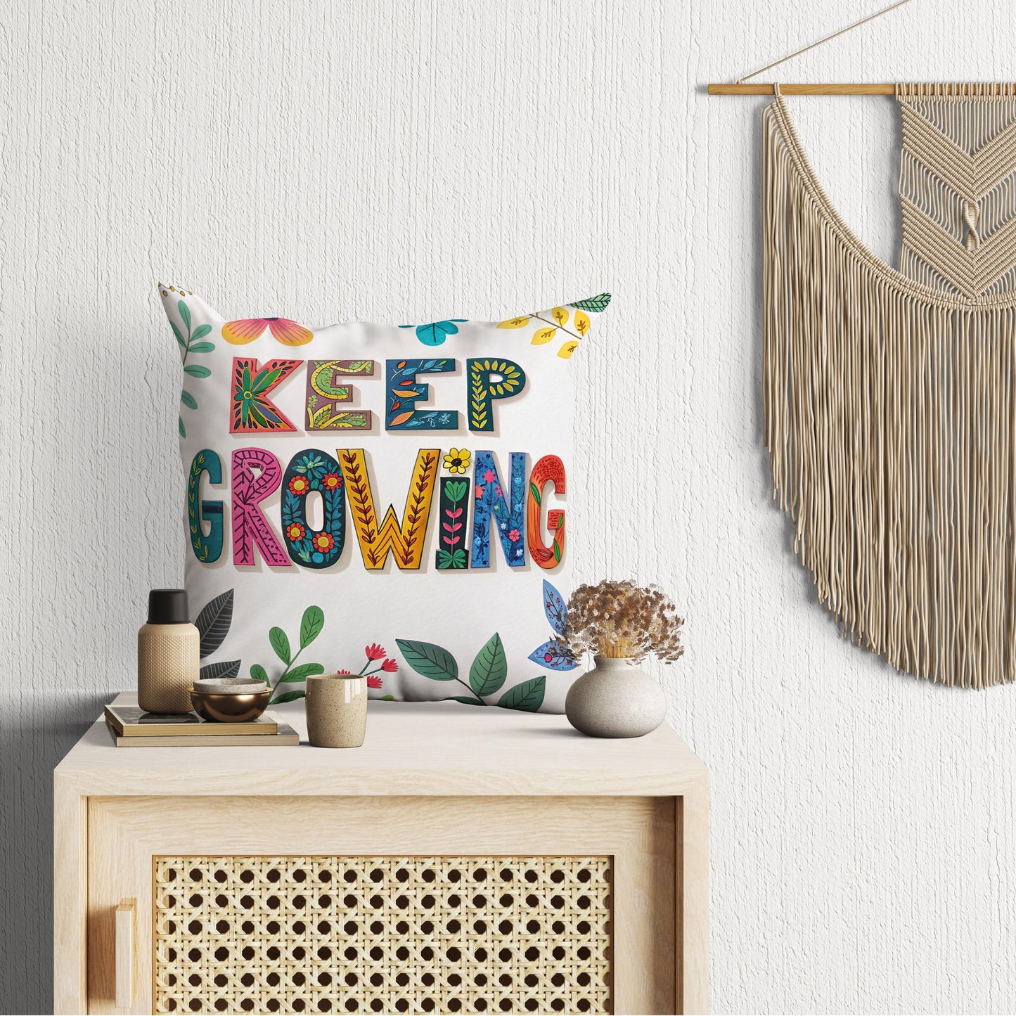 Keep Growing Inspirational Pillow | Floral Typography Boho Home Decor | Motivational Gift