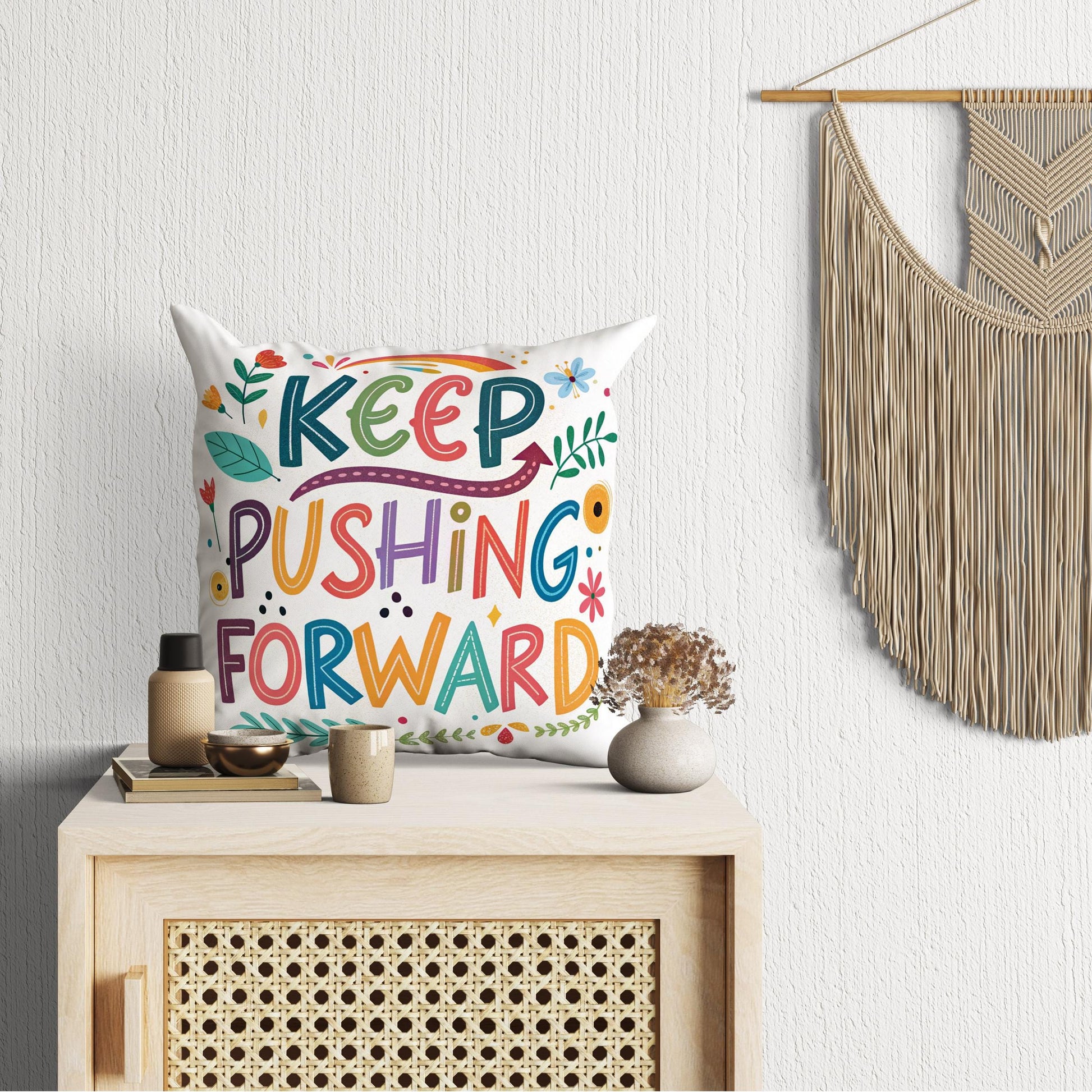 Hand Lettered &#39;Keep Pushing Forward&#39; Decorative Pillow | Whimsical Art | Unique Home Accent